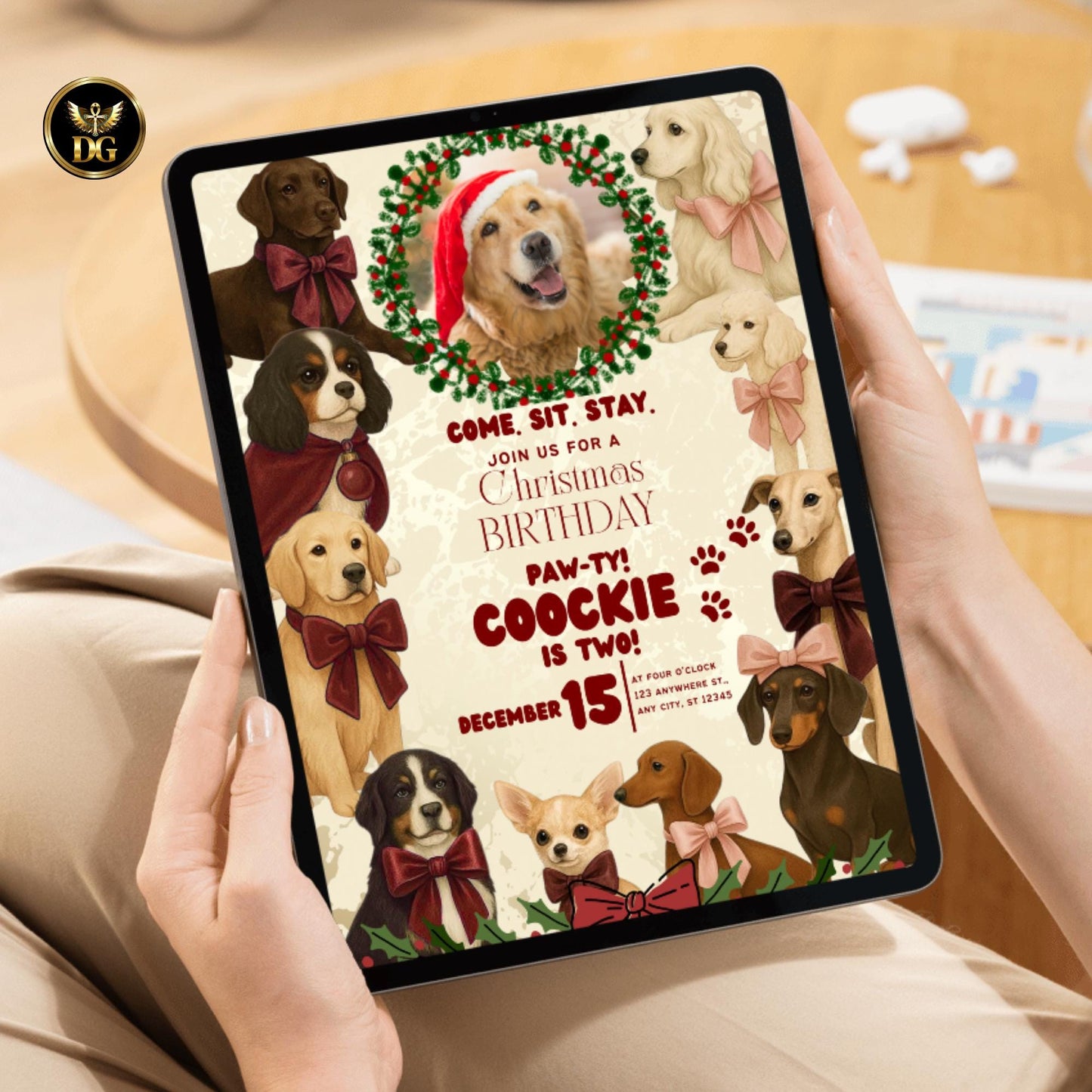 Dog Birthday Christmas Invitation – Cream Gold Canva Template, Editable Pet Party Invite, Puppy Photo Card, Holiday Dog Celebration