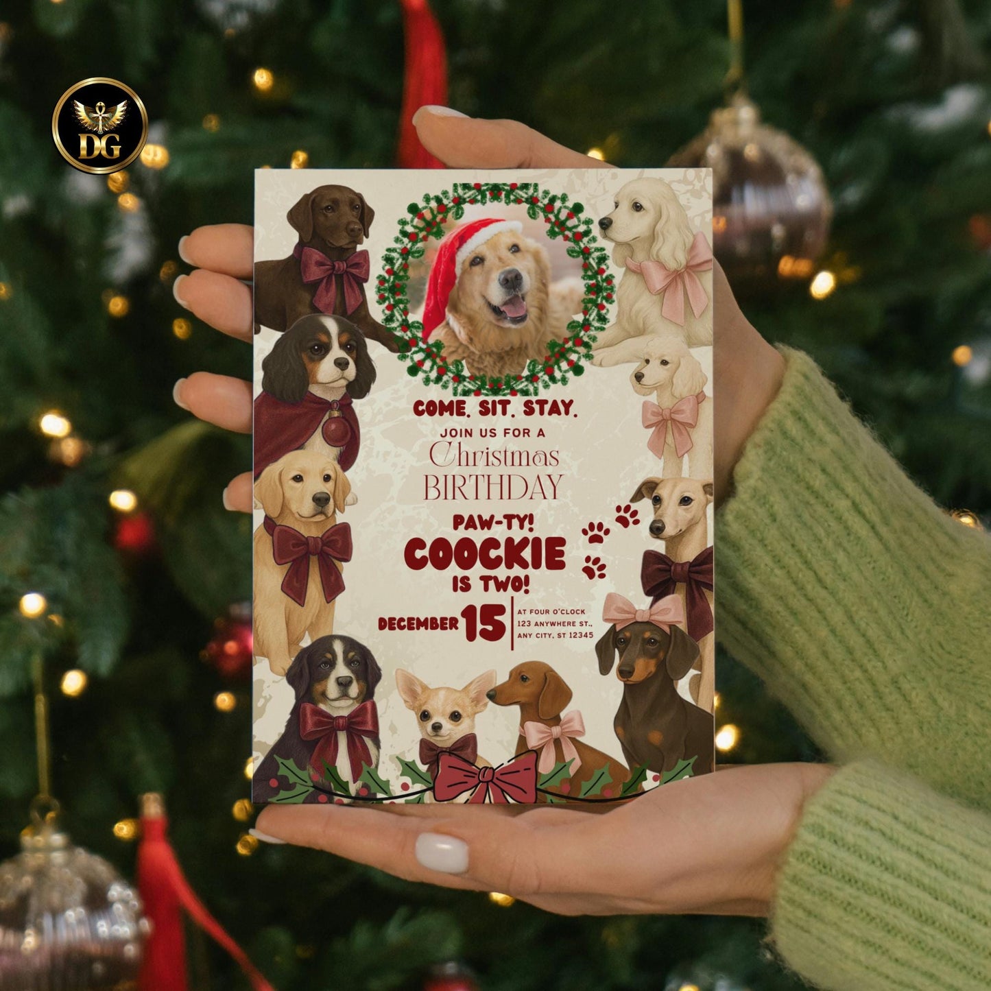 Dog Birthday Christmas Invitation – Cream Gold Canva Template, Editable Pet Party Invite, Puppy Photo Card, Holiday Dog Celebration