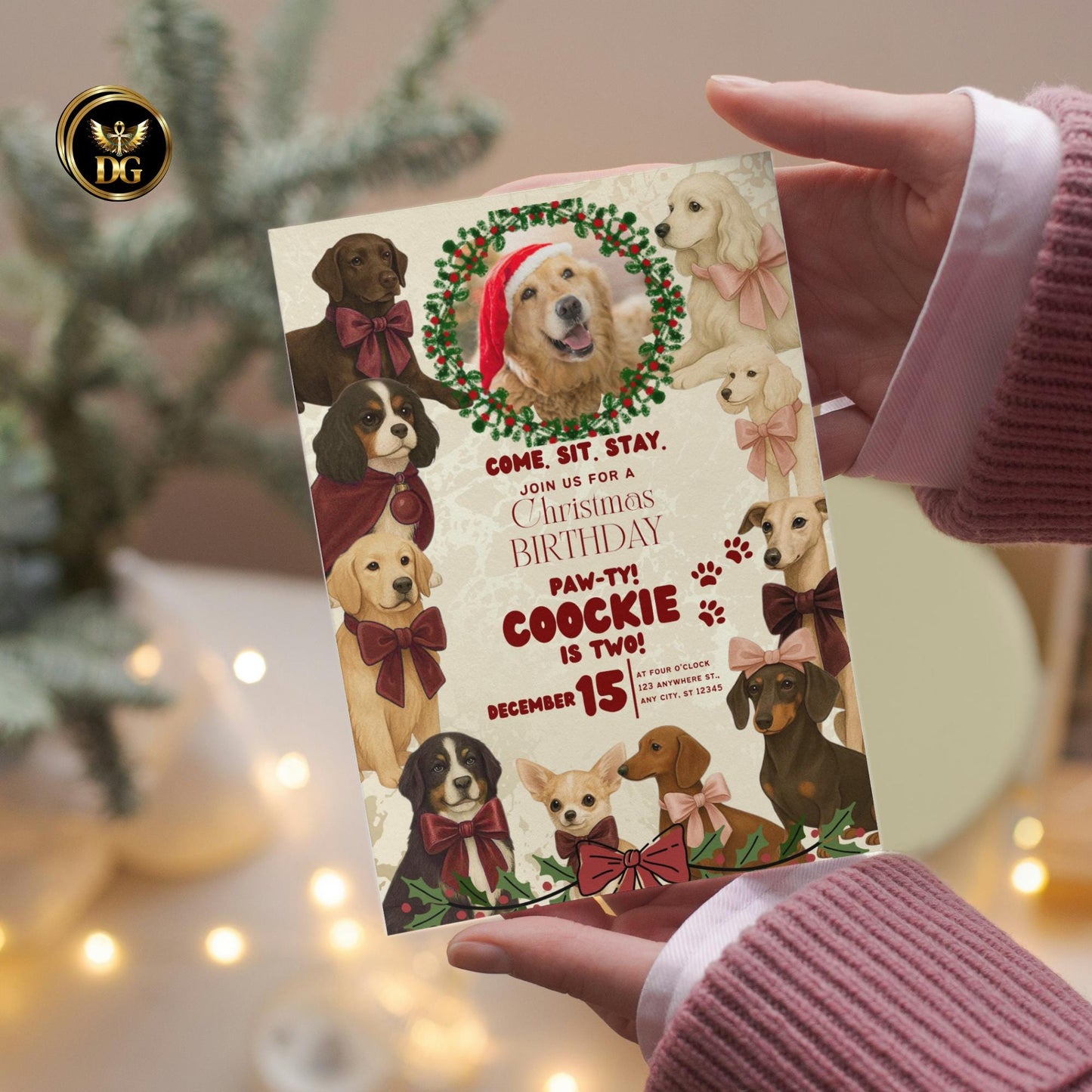 Dog Birthday Christmas Invitation – Cream Gold Canva Template, Editable Pet Party Invite, Puppy Photo Card, Holiday Dog Celebration