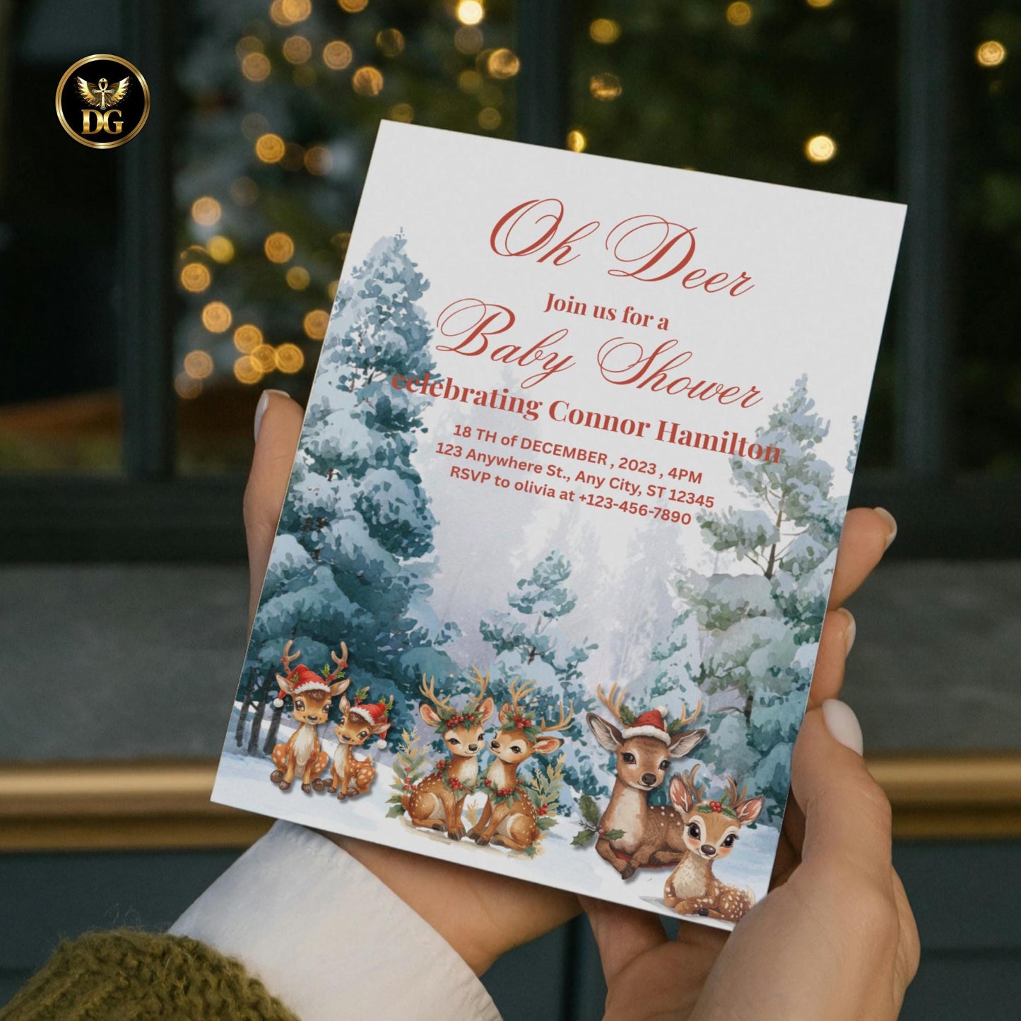 Oh Deer! Christmas Baby Shower Invitation | Baby Reindeer in Snow | Winter Digital & Print Template | Editable Canva
