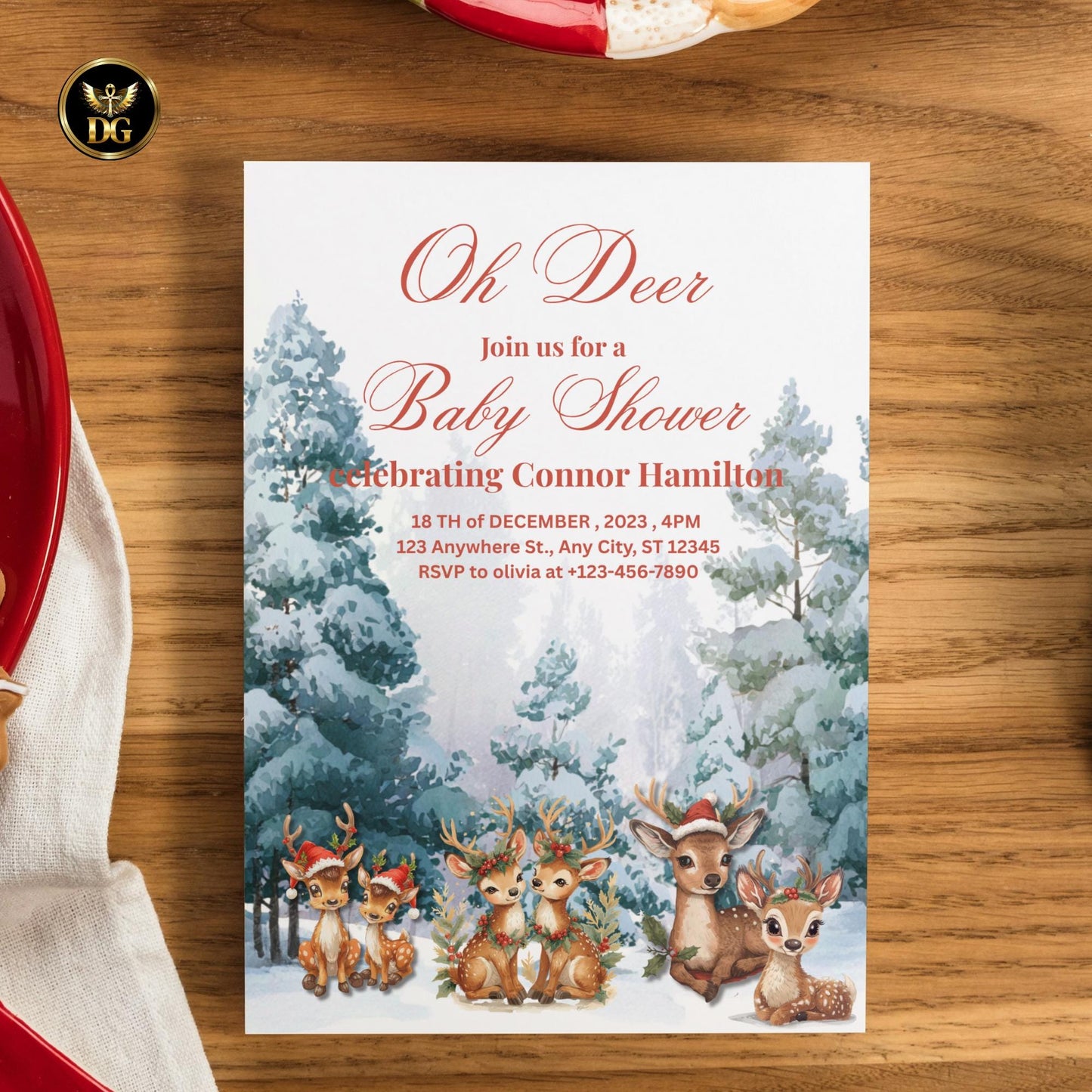 Oh Deer! Christmas Baby Shower Invitation | Baby Reindeer in Snow | Winter Digital & Print Template | Editable Canva