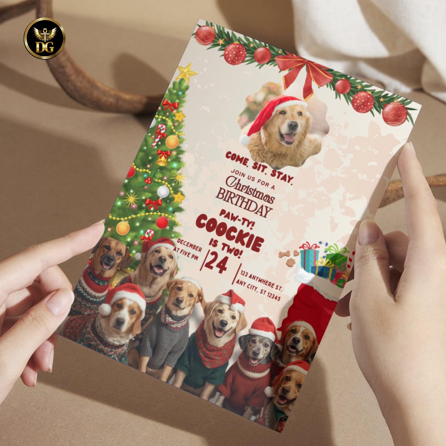 Christmas Dog Photo Invitation – Cream Gold Canva Template, Editable Pet Party Card, Santa Hat Puppy Invite, Holiday Dog Celebration