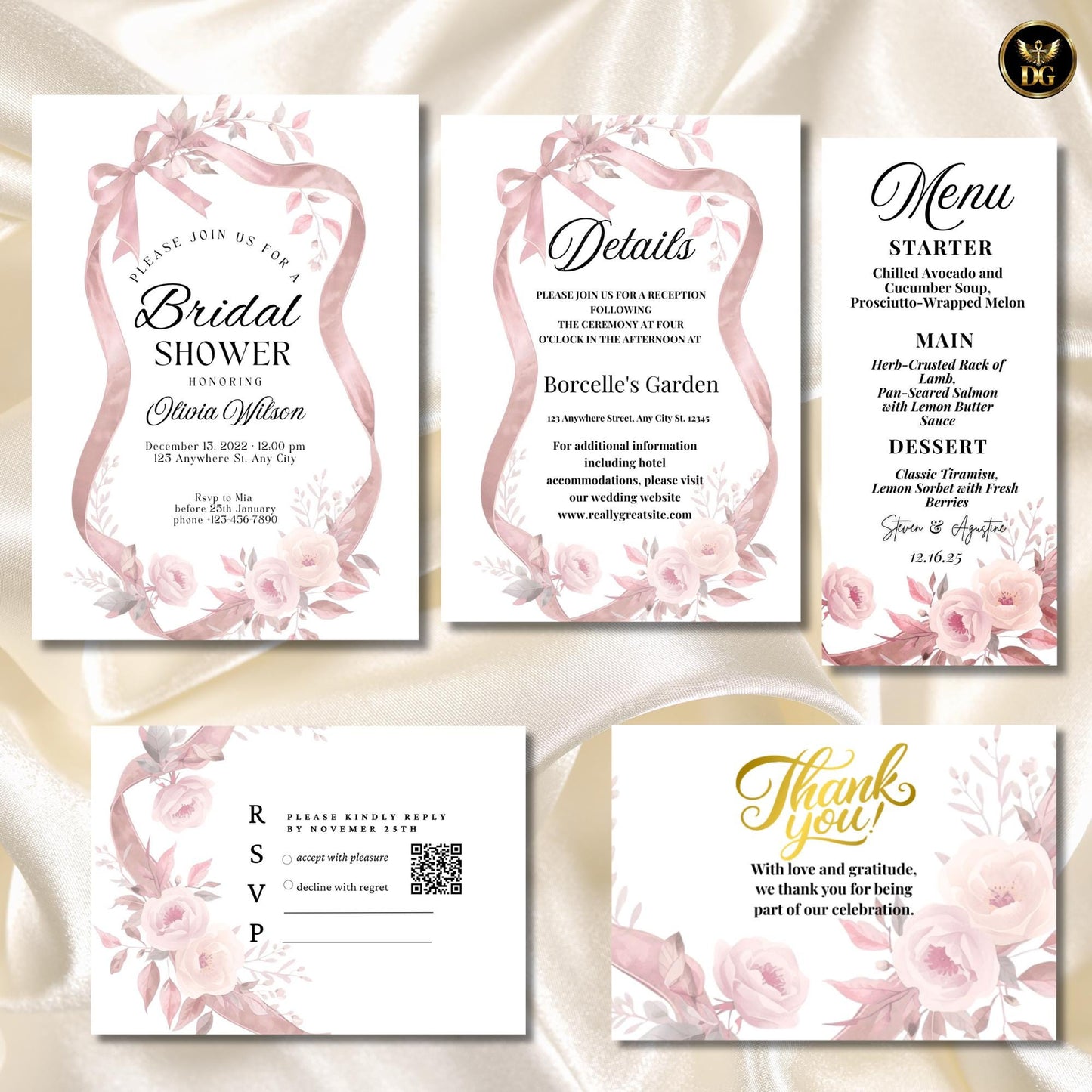 Pink Ribbon Bridal Shower Invitation Set – Elegant White Canva Template, Editable Floral Invite Bundle, 5 Cards Suite