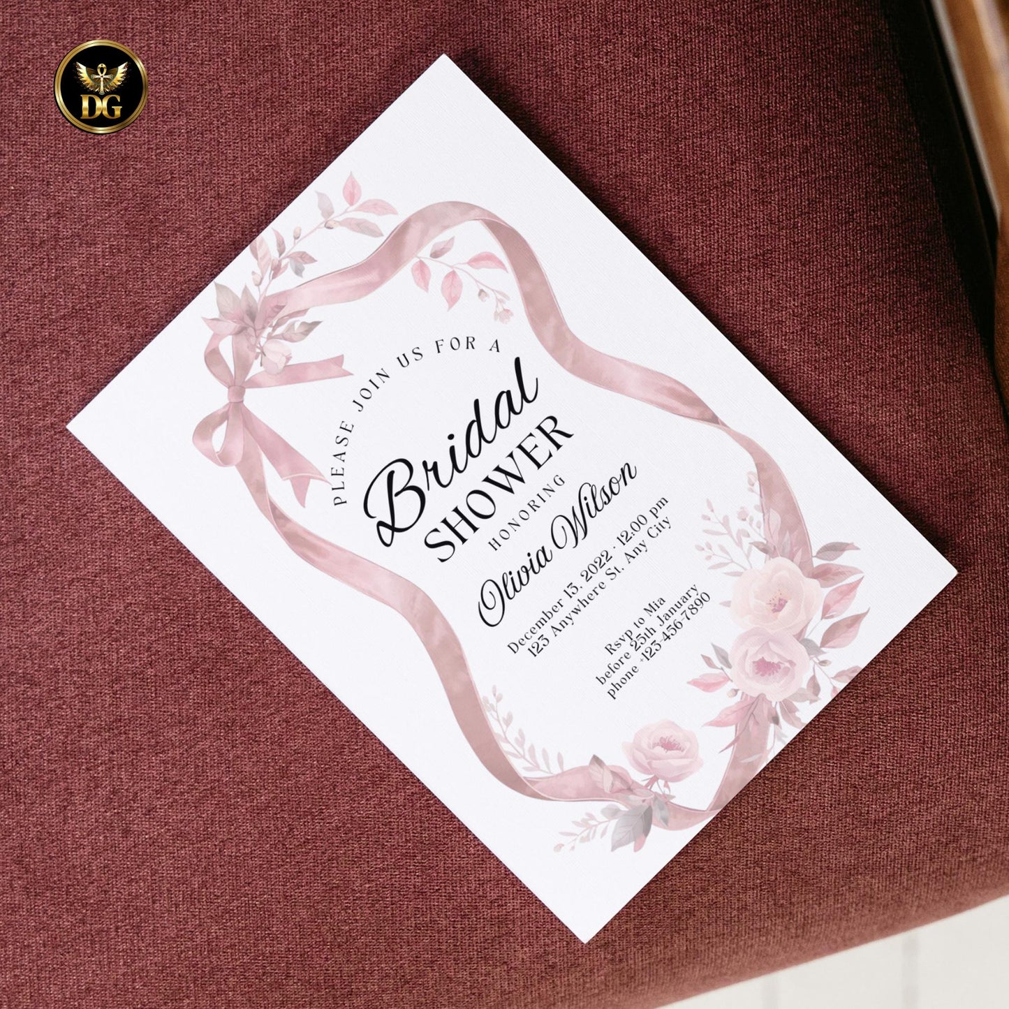 Pink Ribbon Bridal Shower Invitation Set – Elegant White Canva Template, Editable Floral Invite Bundle, 5 Cards Suite
