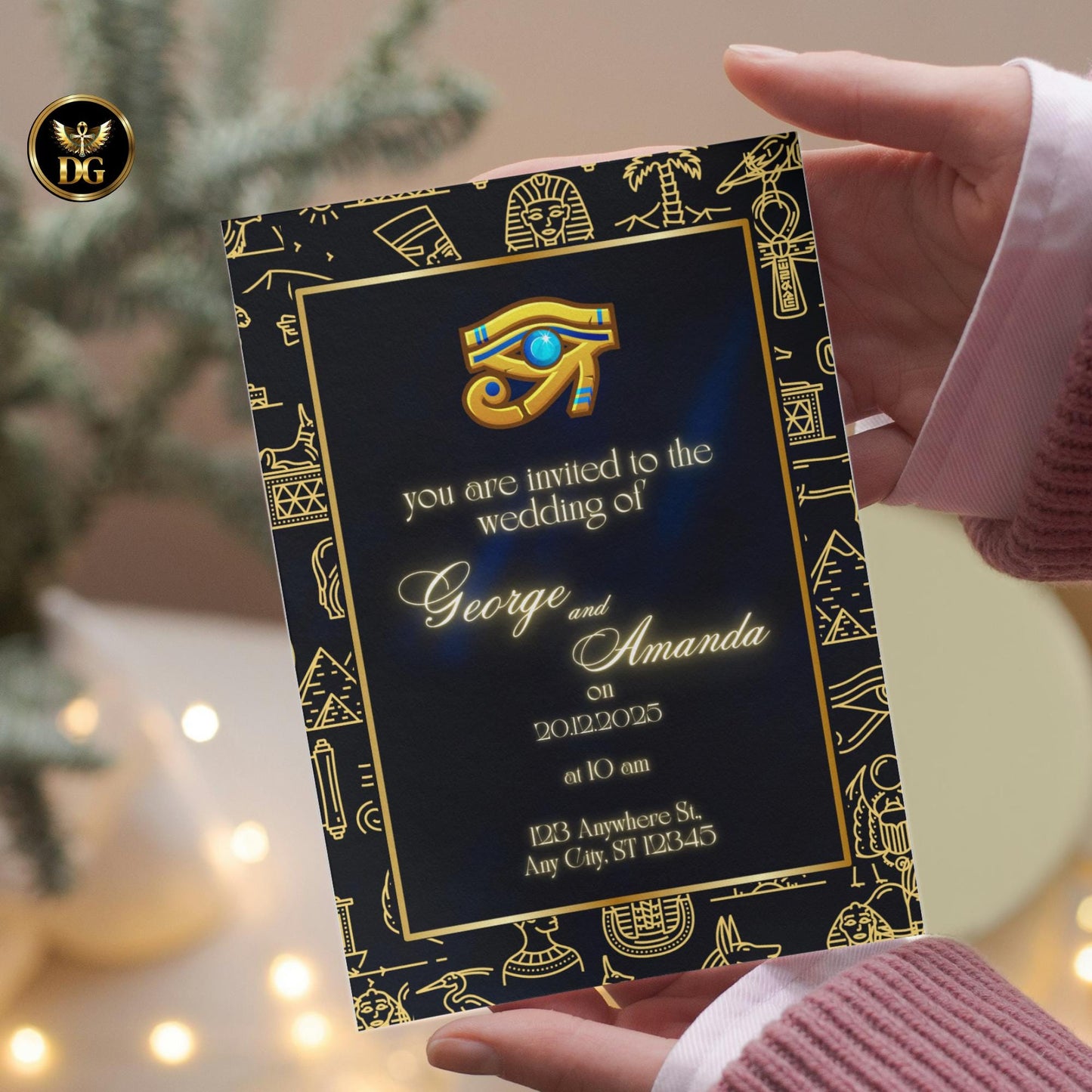 Egyptian Wedding Invitation Gold Blue Eye of Horus | Ancient Egypt Wedding Invite | Luxurious Digital & Printable Template