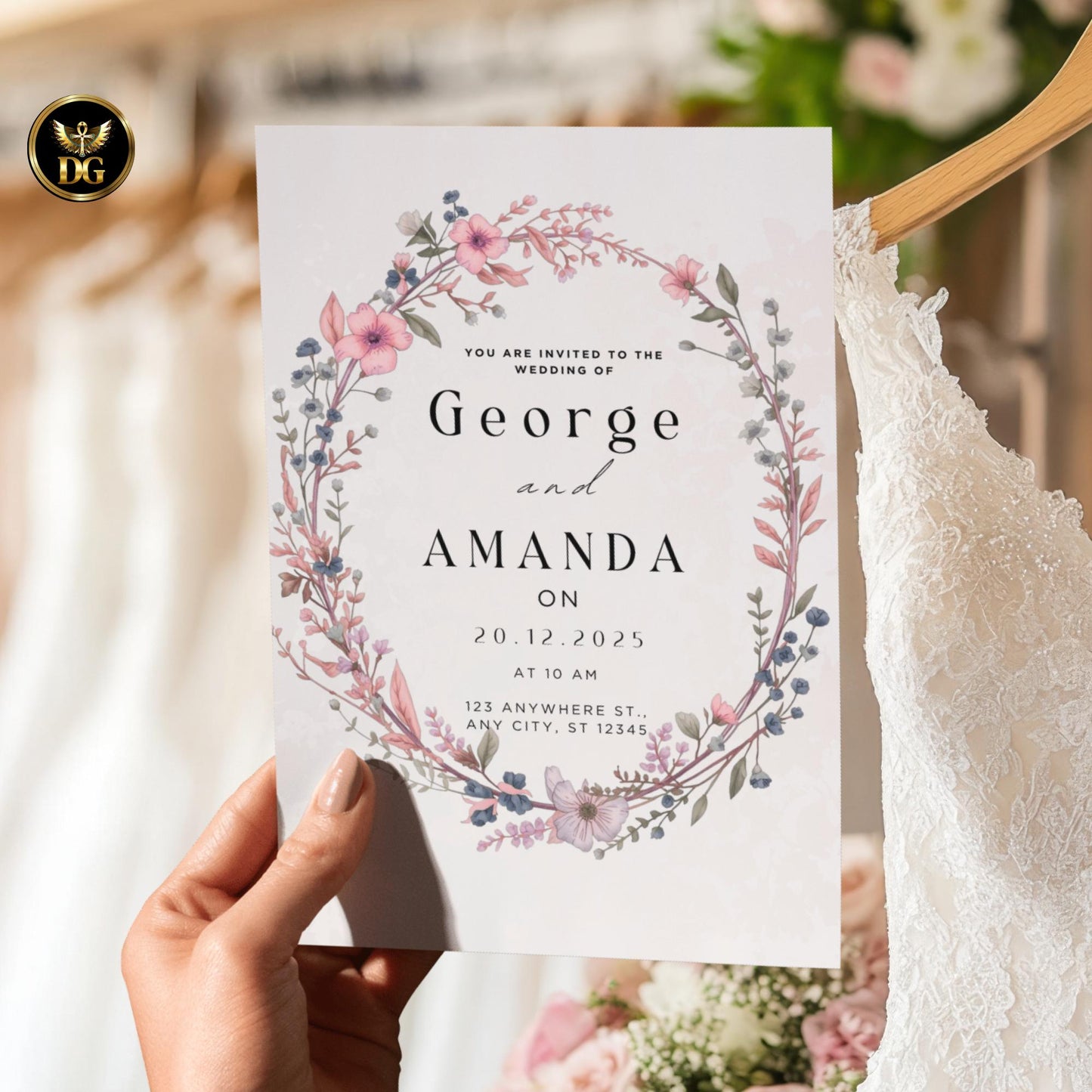 Elegant Blush Gold Wedding Invitation Bundle – Cream Gold Floral Canva Template, 7 Cards Suite, Editable Modern Wedding Set