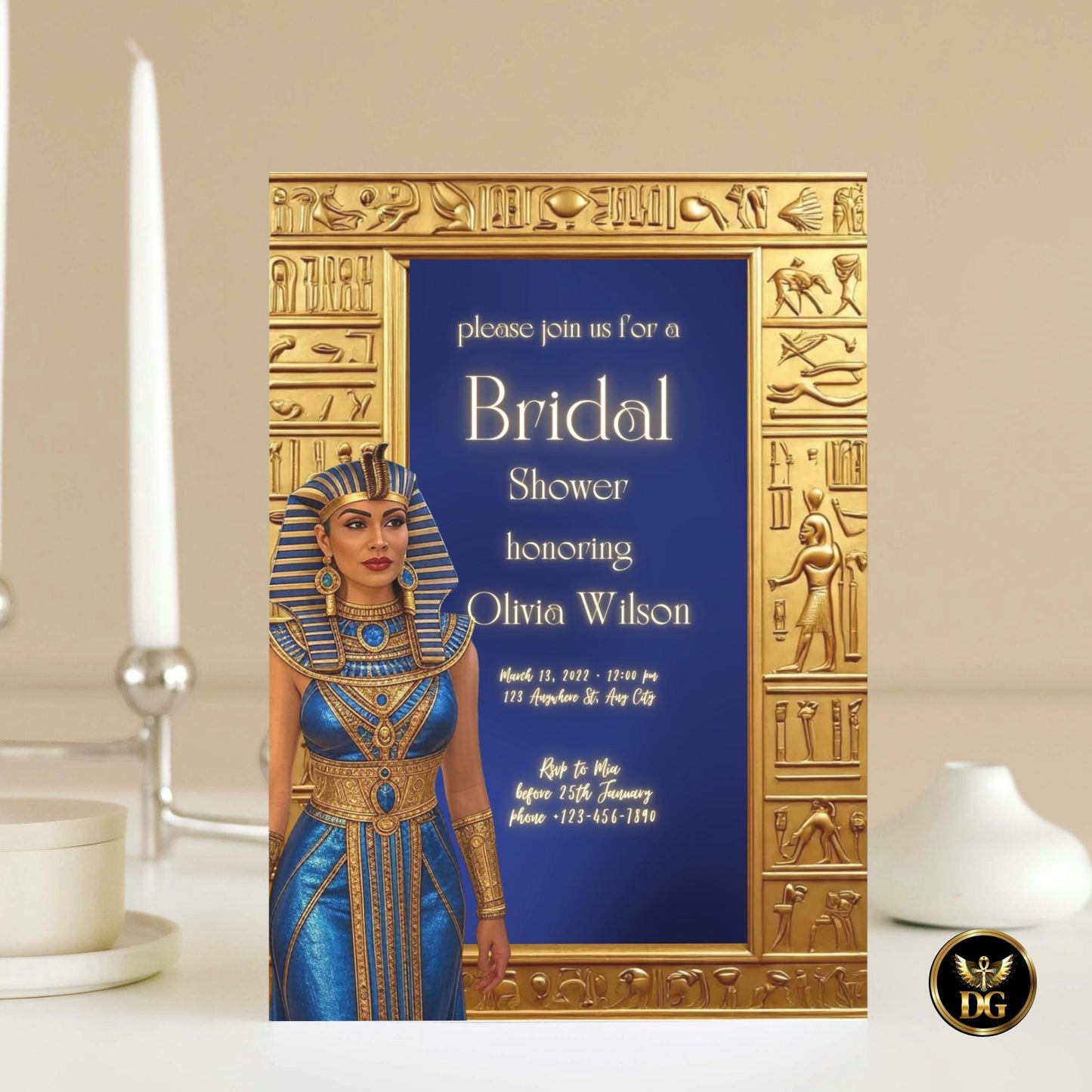 Egyptian Bridal Shower Invitation | Hieroglyphic Gold Frame & Blue Goddess Bride | Editable Canva Template