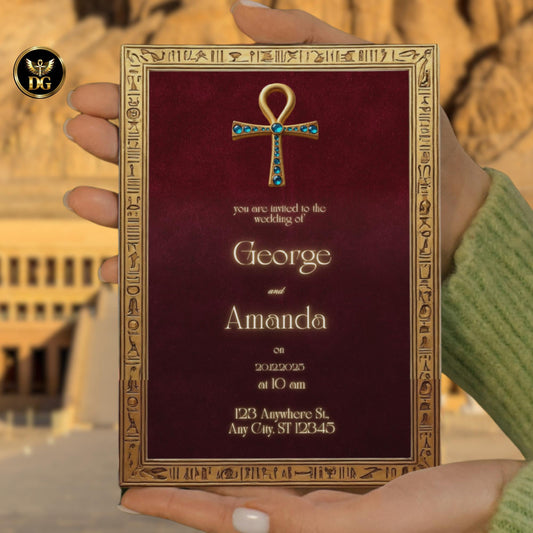Egyptian Red Velvet Invitation Gold Hieroglyphic Frame  Ankh Jewel | Wedding & Bridal Shower Digital Template