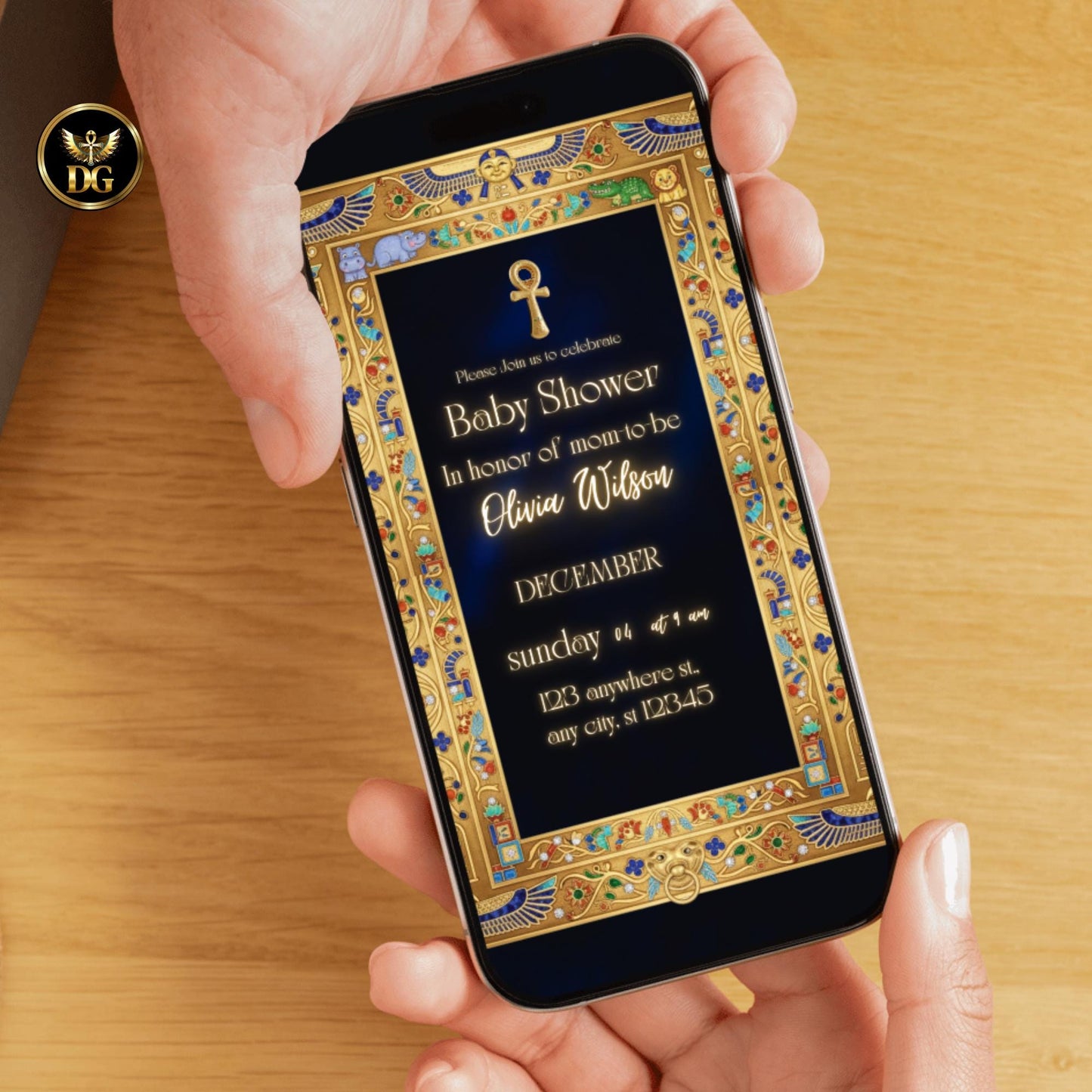 Egyptian Baby Shower Invite | Blue Velvet Gold Frame | Ankh Life Symbol | Digital Canva Template