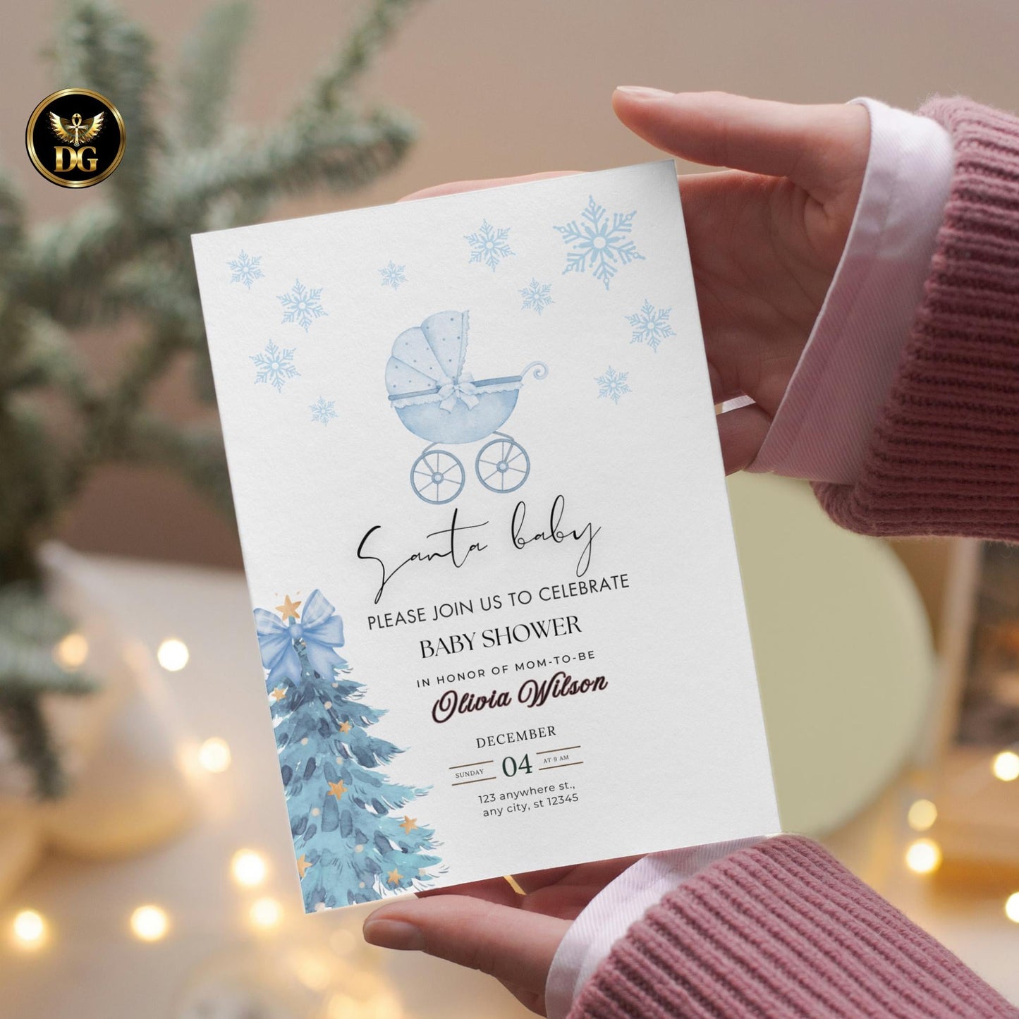 Editable Blue Christmas Baby Shower Invitation | Baby Car Winter Baby Shower Invite | Boy Baby Shower Template with Blue Bow