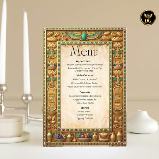 Egyptian Papyrus Menu Template | Ancient Gold Frame | Hieroglyphic Design | Canva Editable | Digital Download