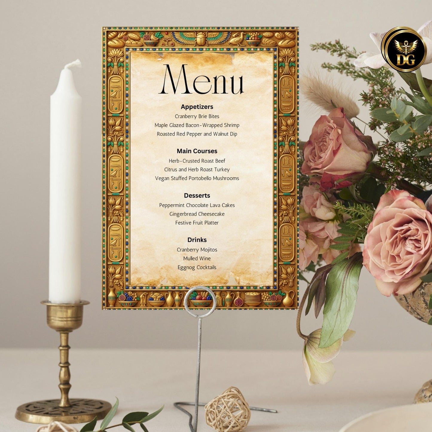Egyptian Papyrus Menu Template | Ancient Gold Frame | Hieroglyphic Design | Canva Editable | Digital Download
