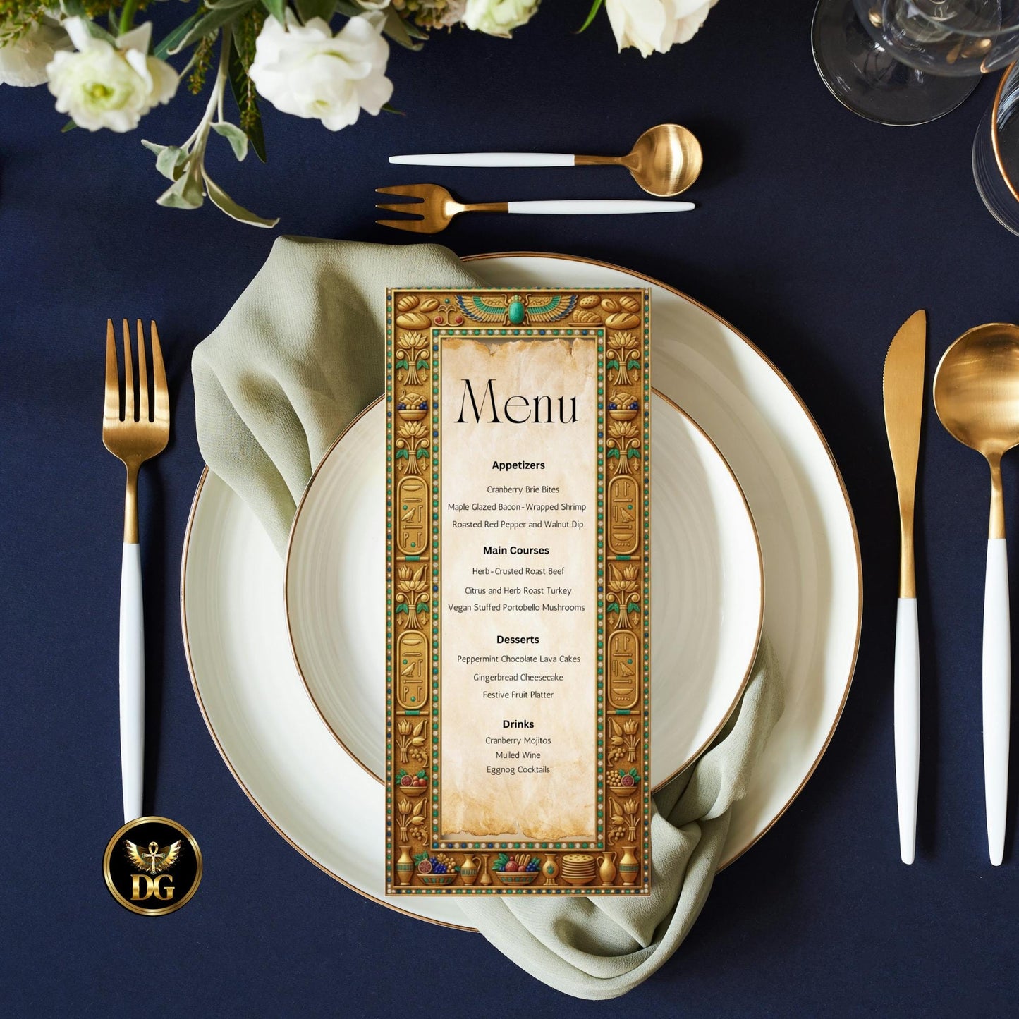 Egyptian Papyrus Menu Template | Ancient Gold Frame | Hieroglyphic Design | Canva Editable | Digital Download