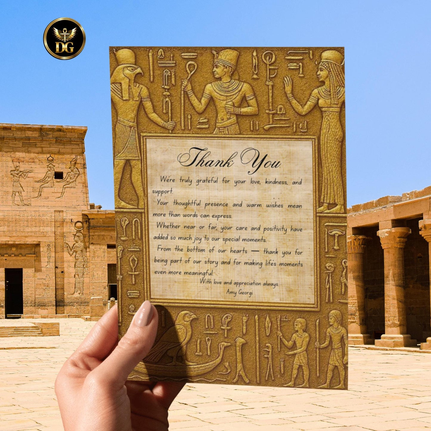 Majestic Egyptian Stone & Papyrus Thank You Card  Editable Pharaoh Theme Digital Template for Weddings, GEM Events -Ancient Gold Collection