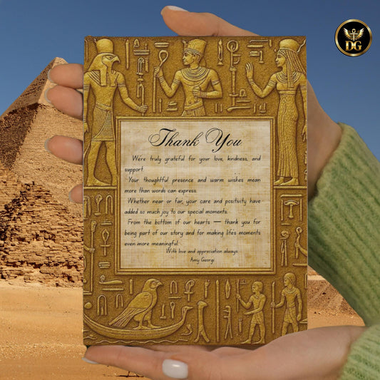 Majestic Egyptian Stone & Papyrus Thank You Card  Editable Pharaoh Theme Digital Template for Weddings, GEM Events -Ancient Gold Collection