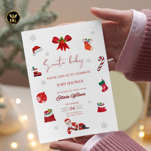 Editable Christmas Baby Shower Bundle | 4 Red & White Holiday Invitation Templates | Santa Baby Canva Set | Winter Baby Shower Cards