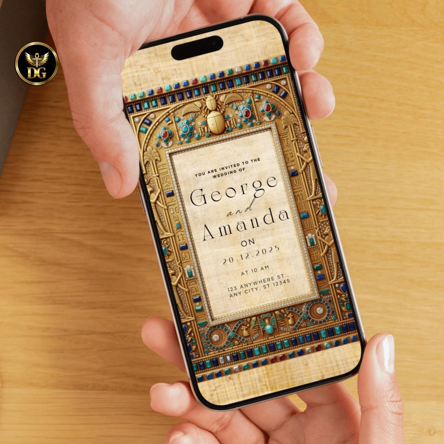 Egyptian Pharaoh Wedding Invitation Bandal | Editable Canva Template | Hieroglyphic Papyrus Brown Ancient Egypt Theme