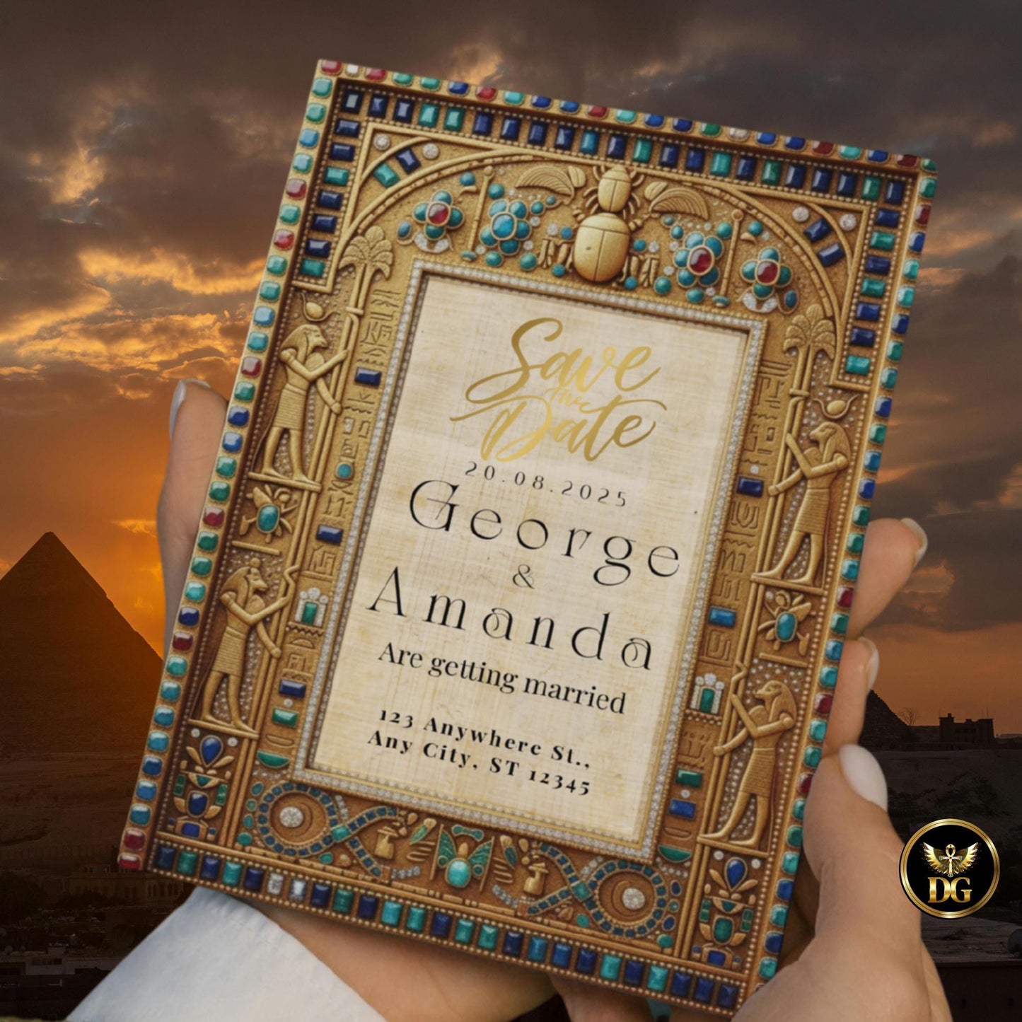 Egyptian Pharaoh Wedding Invitation Bandal | Editable Canva Template | Hieroglyphic Papyrus Brown Ancient Egypt Theme