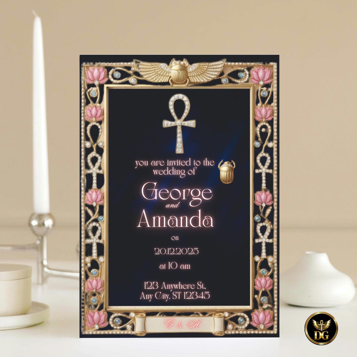 Royal Egyptian Wedding Invitation Template - Editable Gold & Navy Canva Template with Ankh Scarab for Pharaoh Theme, Luxury Digital Download