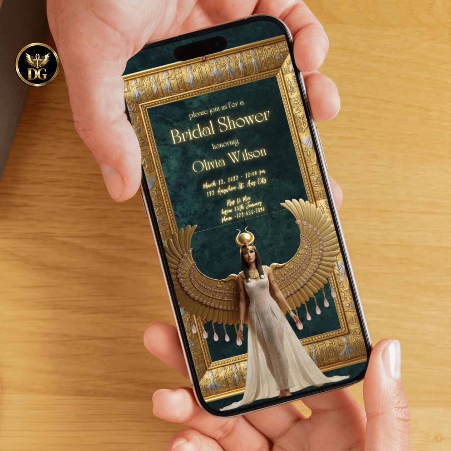 Emerald Green Egyptian Bridal Shower Invitation - Goddess Isis Gold Frame Template, Dancing Musicians, Luxury Digital Download for Canva