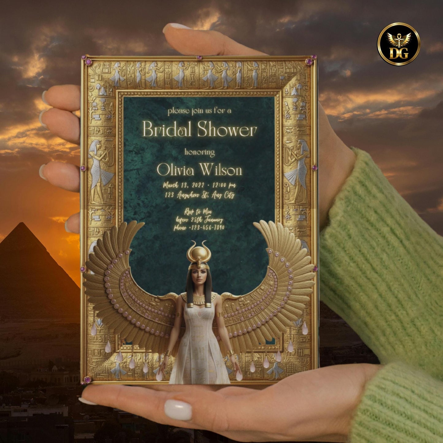 Emerald Green Egyptian Bridal Shower Invitation - Goddess Isis Gold Frame Template, Dancing Musicians, Luxury Digital Download for Canva