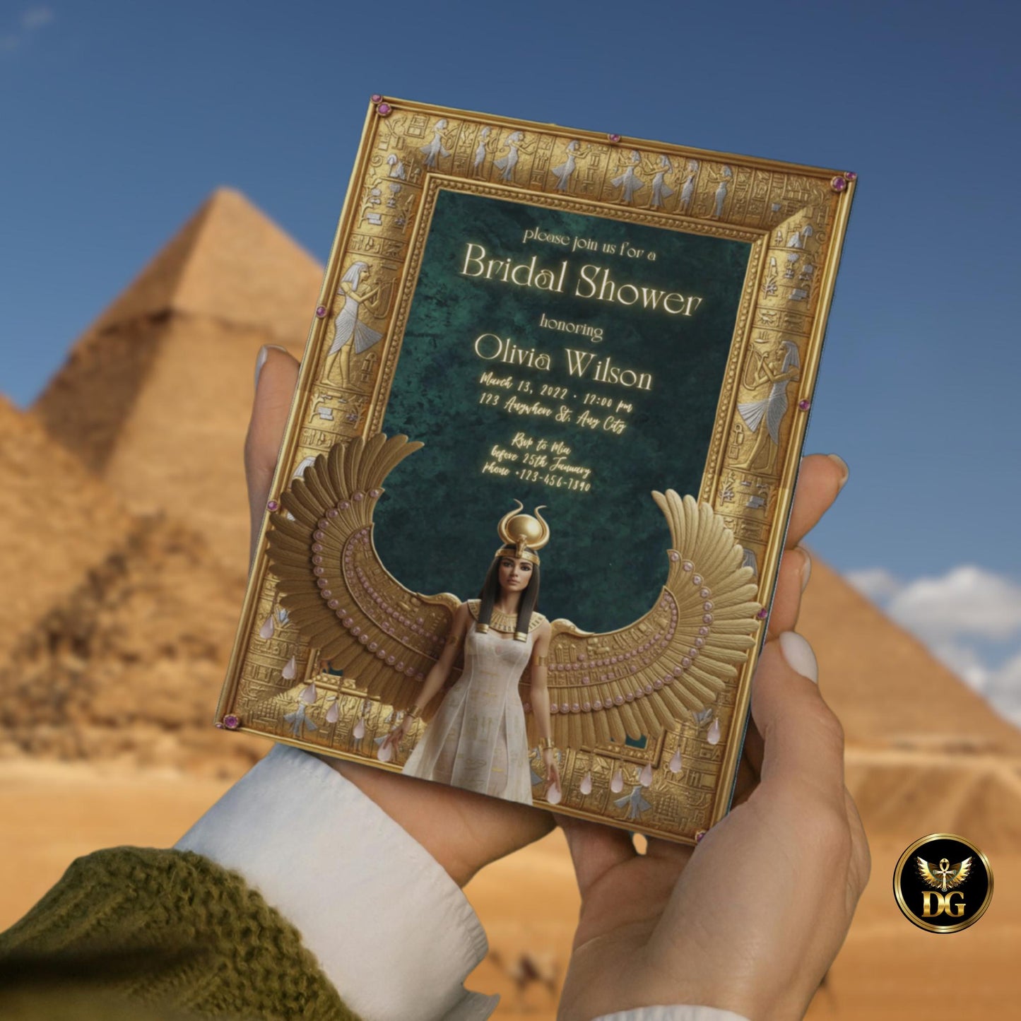 Emerald Green Egyptian Bridal Shower Invitation - Goddess Isis Gold Frame Template, Dancing Musicians, Luxury Digital Download for Canva