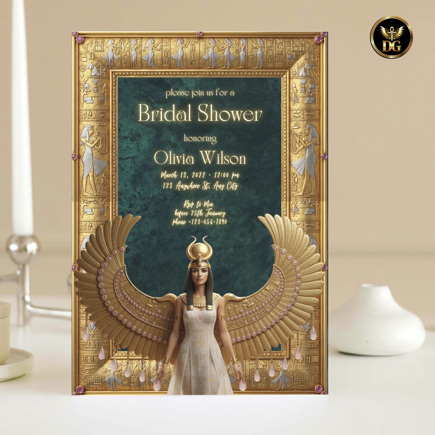 Emerald Green Egyptian Bridal Shower Invitation - Goddess Isis Gold Frame Template, Dancing Musicians, Luxury Digital Download for Canva