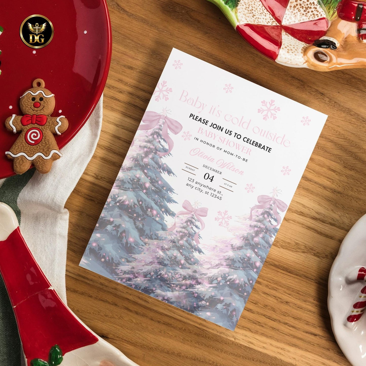 Christmas Baby Shower Digital Templates Bundle  Pink Christmas Tree with Pink Bow, Invitation, Thank You, Diaper Refill, Books for Baby Card