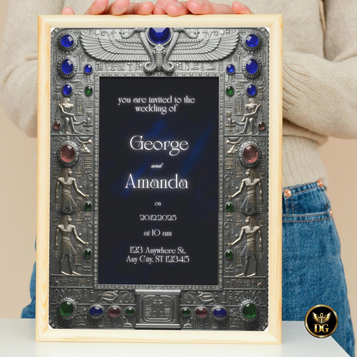 Royal Egyptian Wedding Invitation  Silver Jeweled Pharaoh Frame | Digital Canva Template | Luxury Bridal Shower, Engagement & Nuptial Invite