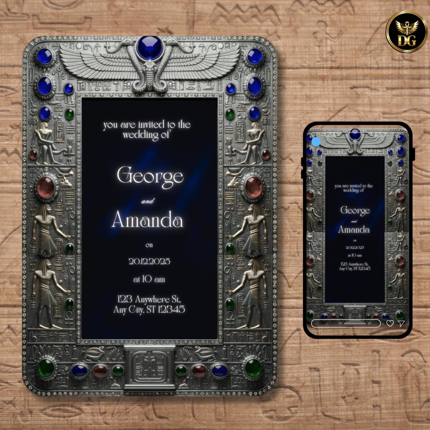 Royal Egyptian Wedding Invitation  Silver Jeweled Pharaoh Frame | Digital Canva Template | Luxury Bridal Shower, Engagement & Nuptial Invite