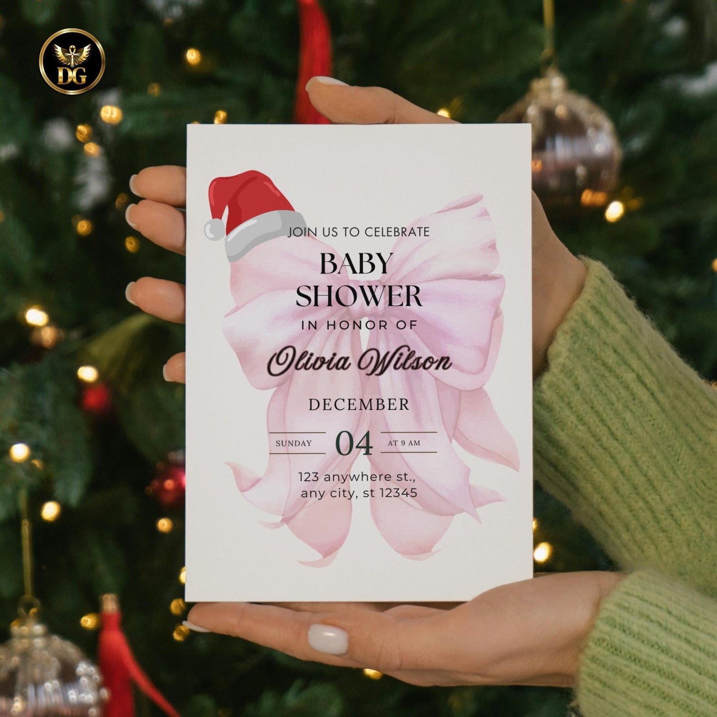 Baby Girl Christmas Shower Invitation Bundle, Pink Bow Watercolor Holiday Baby Shower Set, Editable 5x7 Cards, Winter Santa Hat Theme