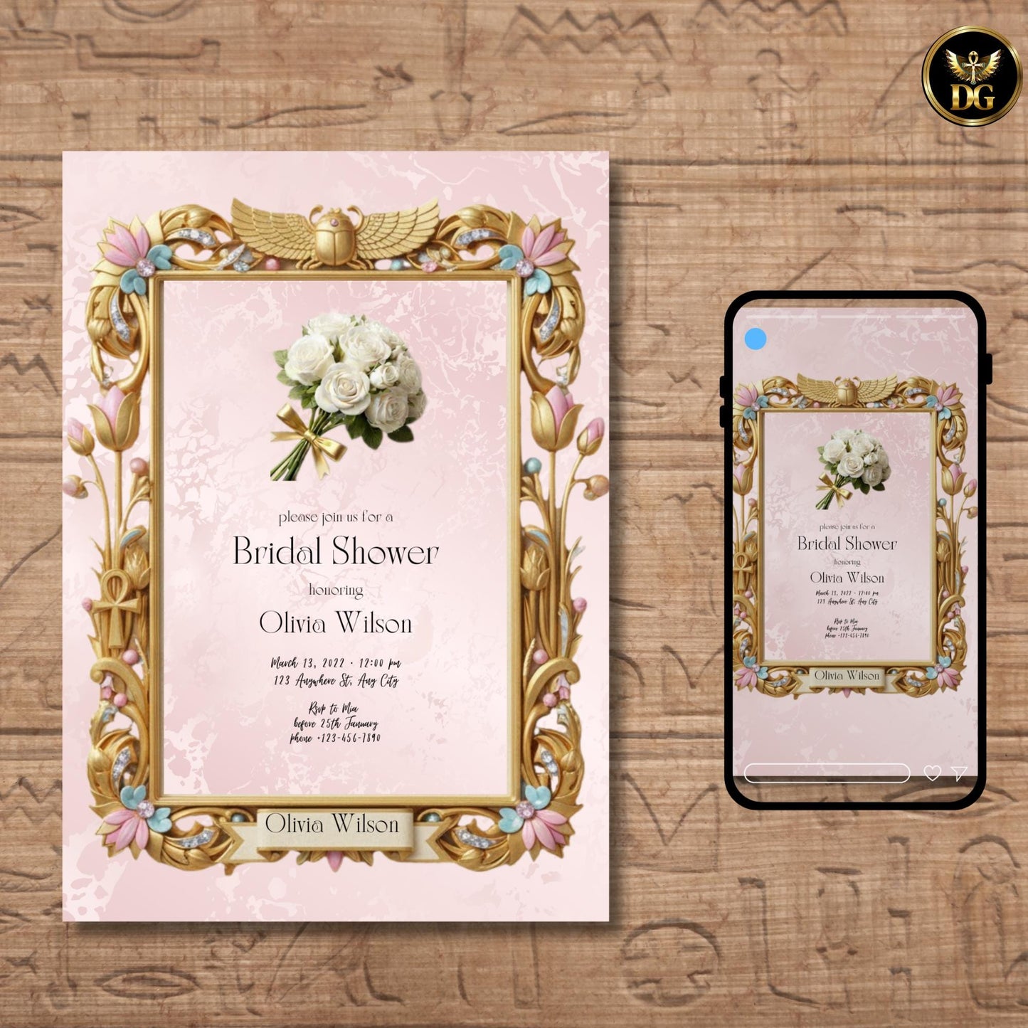 Egyptian Bridal Shower Invitation | Goddess Theme Template | Pastel Pink & Gold Lotus | Editable Canva Digital Download