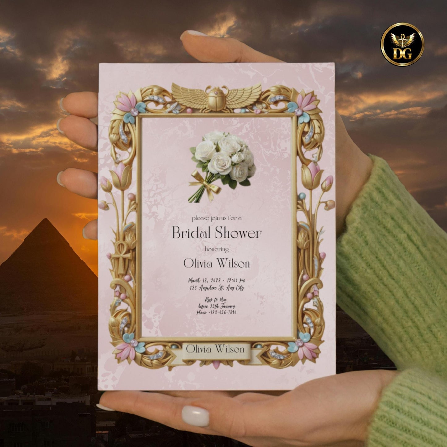 Egyptian Bridal Shower Invitation | Goddess Theme Template | Pastel Pink & Gold Lotus | Editable Canva Digital Download