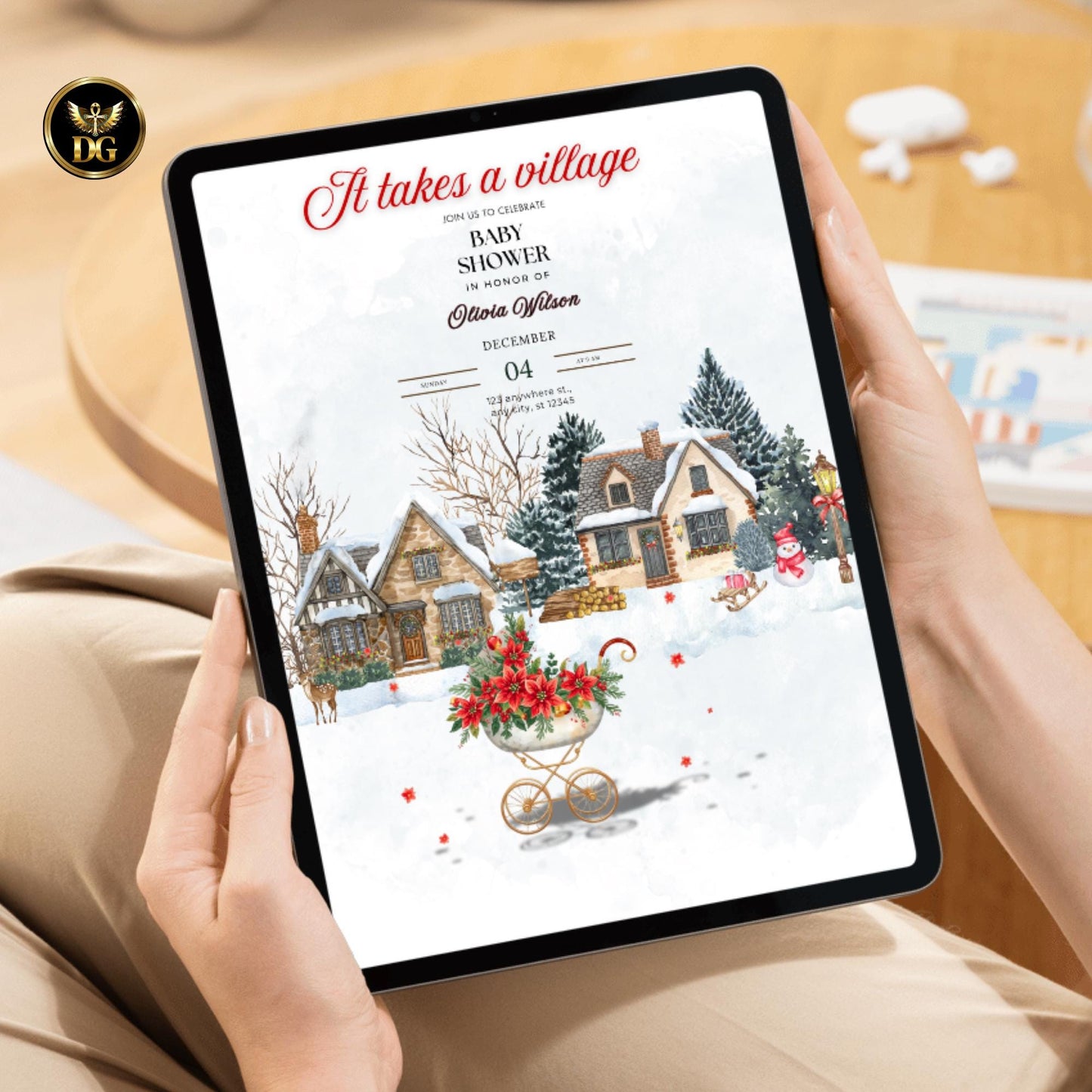 Festive Christmas Baby Shower Invitation Bundle | Pink Baby Carriage Winter Wonderland Set | Editable Christmas Baby Shower Templates