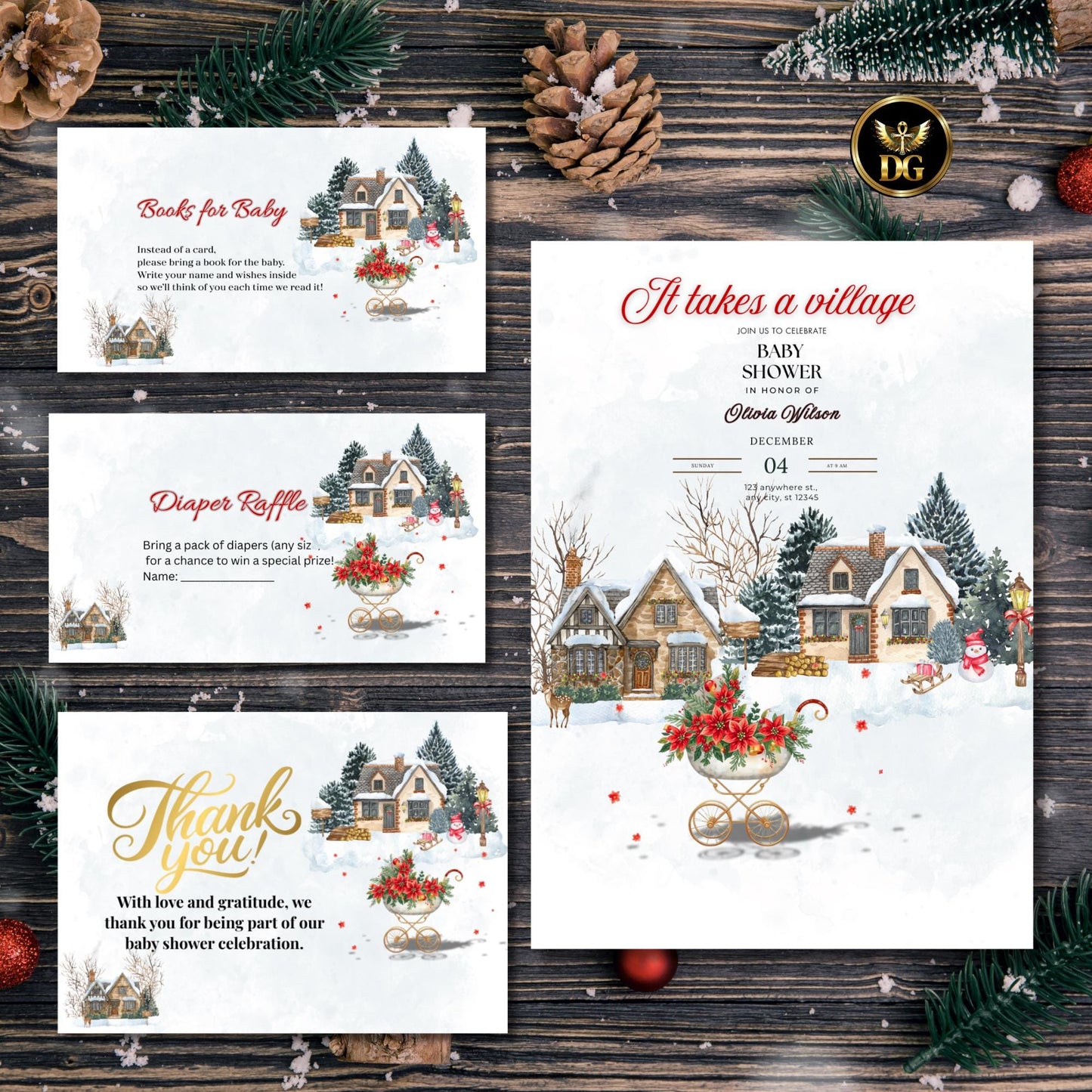 Festive Christmas Baby Shower Invitation Bundle | Pink Baby Carriage Winter Wonderland Set | Editable Christmas Baby Shower Templates