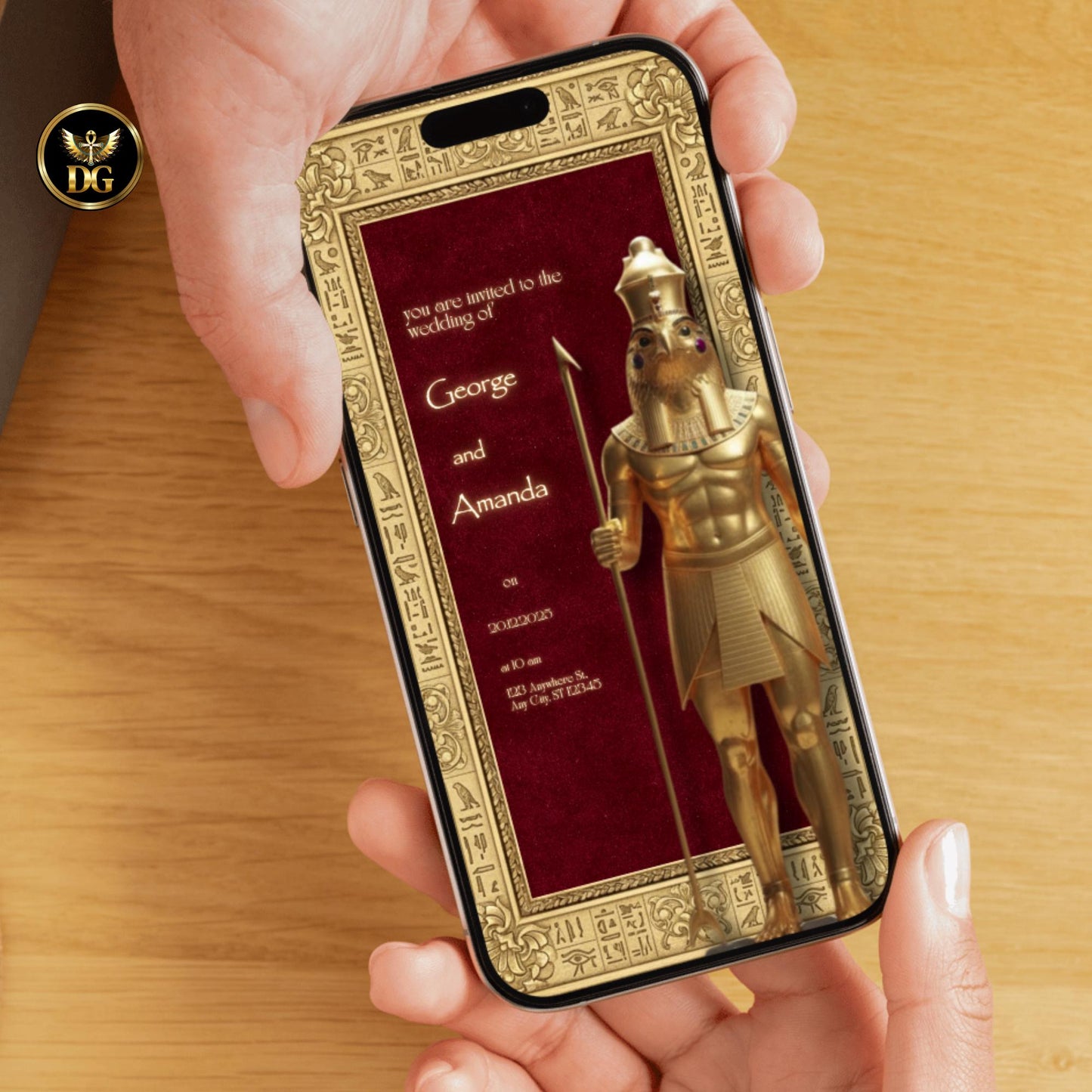 Royal Egyptian Wedding Invitation with Horus | Burgundy Velvet & Gold Template | Editable Canva Digital Download | Pharaoh Theme