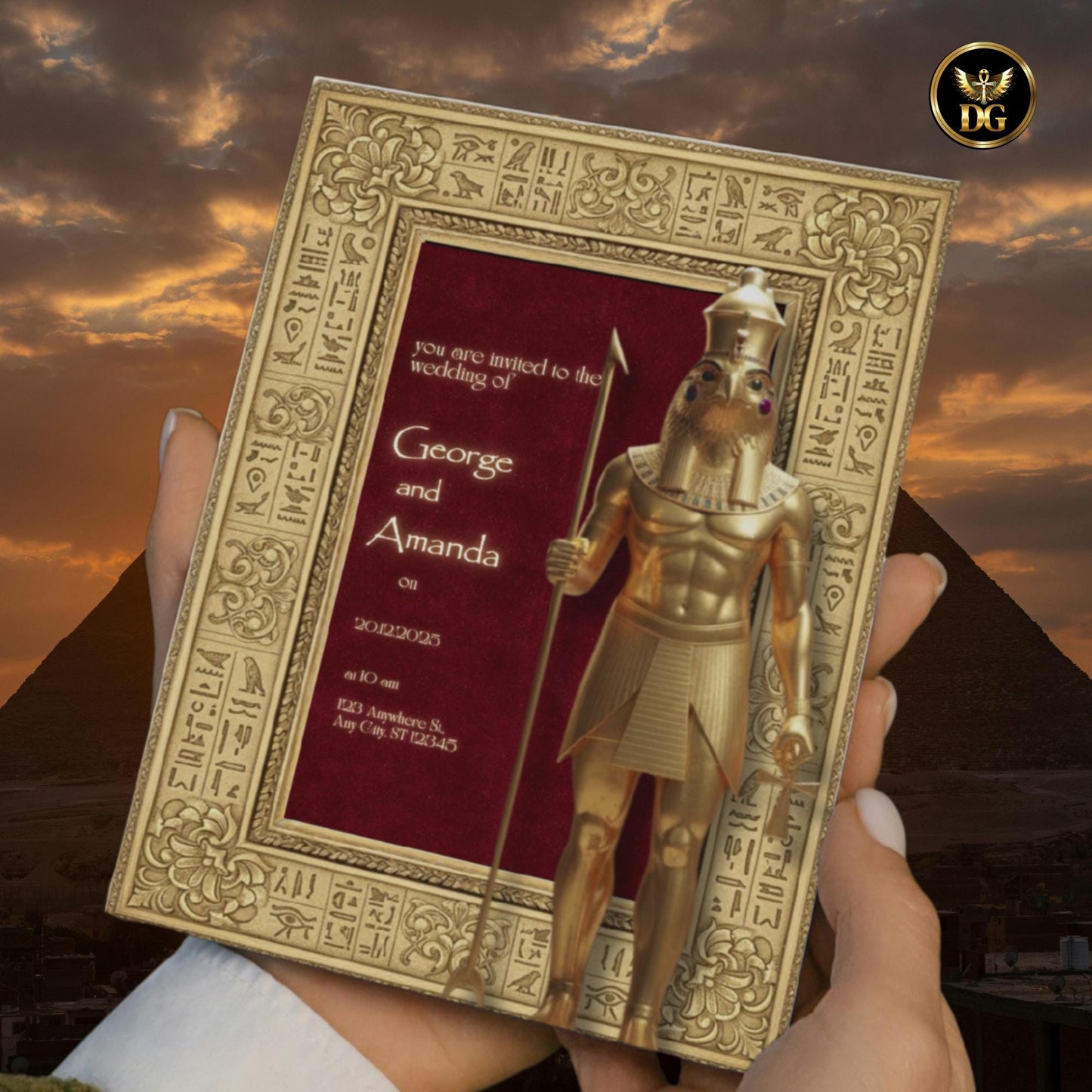 Royal Egyptian Wedding Invitation with Horus | Burgundy Velvet & Gold Template | Editable Canva Digital Download | Pharaoh Theme