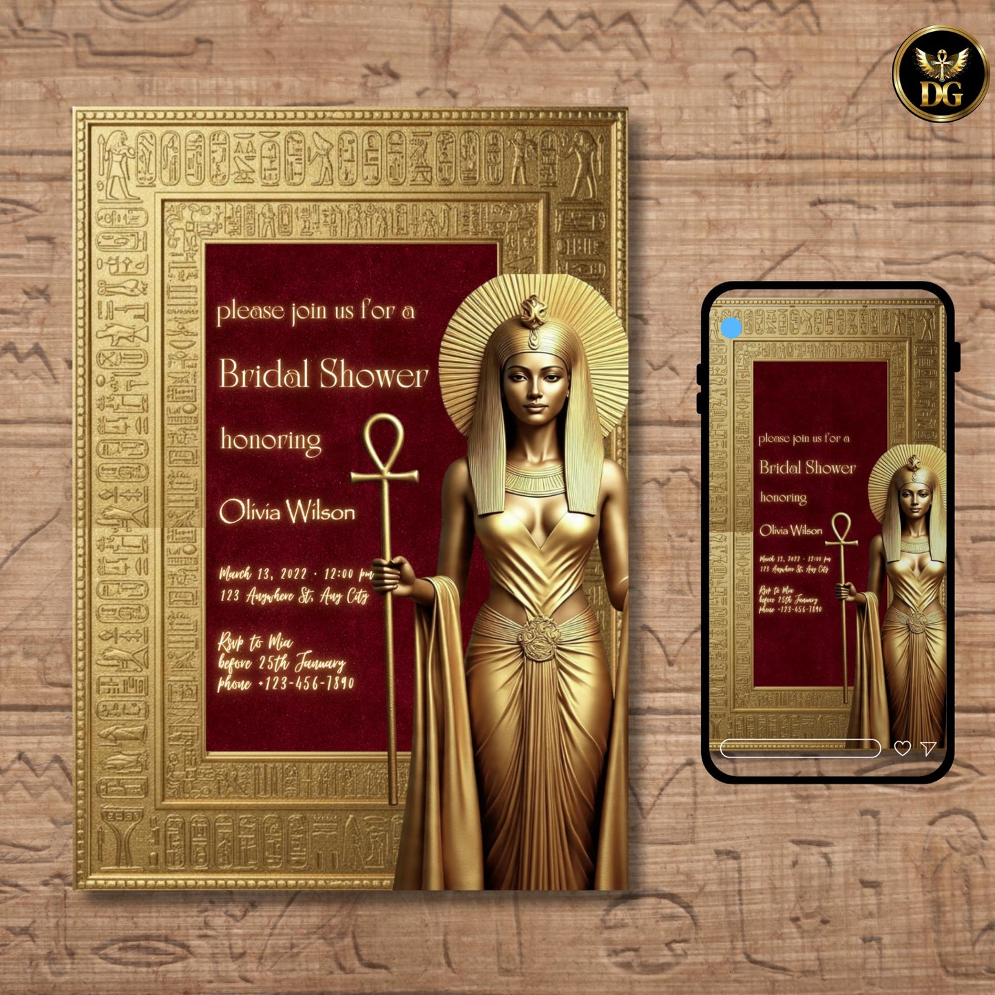 Golden Isis Bridal Shower Invitation - Egyptian Goddess Digital Template