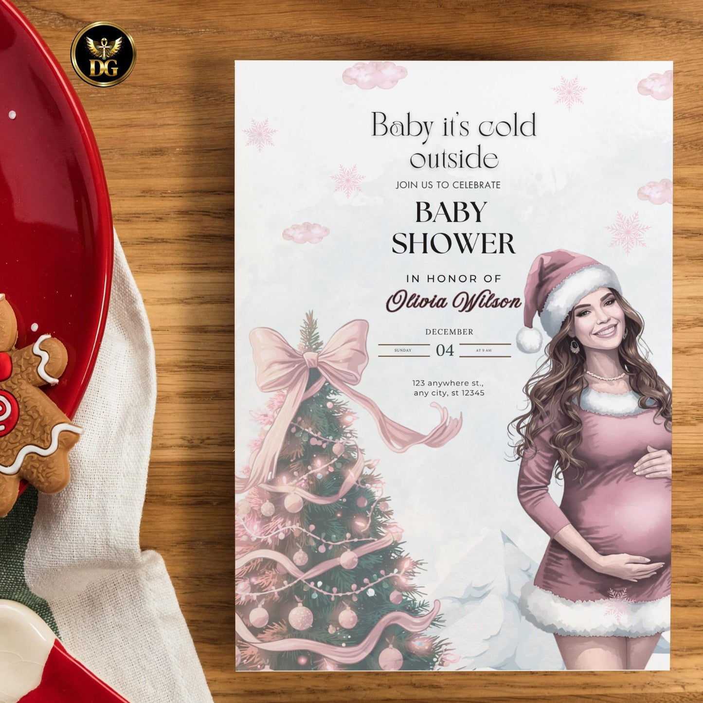 Pink Christmas Baby Shower Bundle | Winter Baby Shower Invitation Set | Santa Mom Watercolor | Editable Invite, Thank You & Raffle Cards