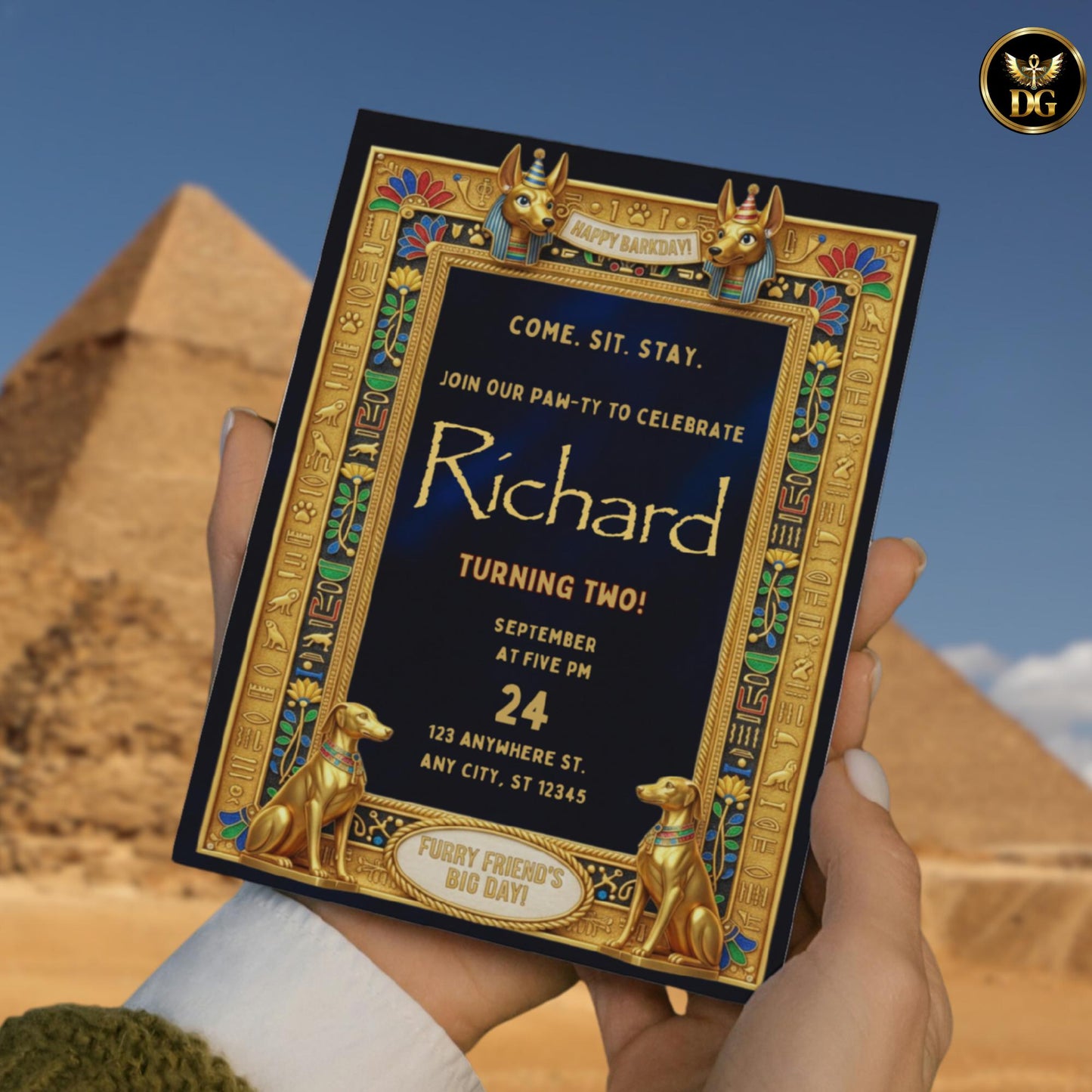 Anubis -Guarded Royal Egyptian Barkday Invitation – Luxury Pharaoh-Themed Puppy Party Template