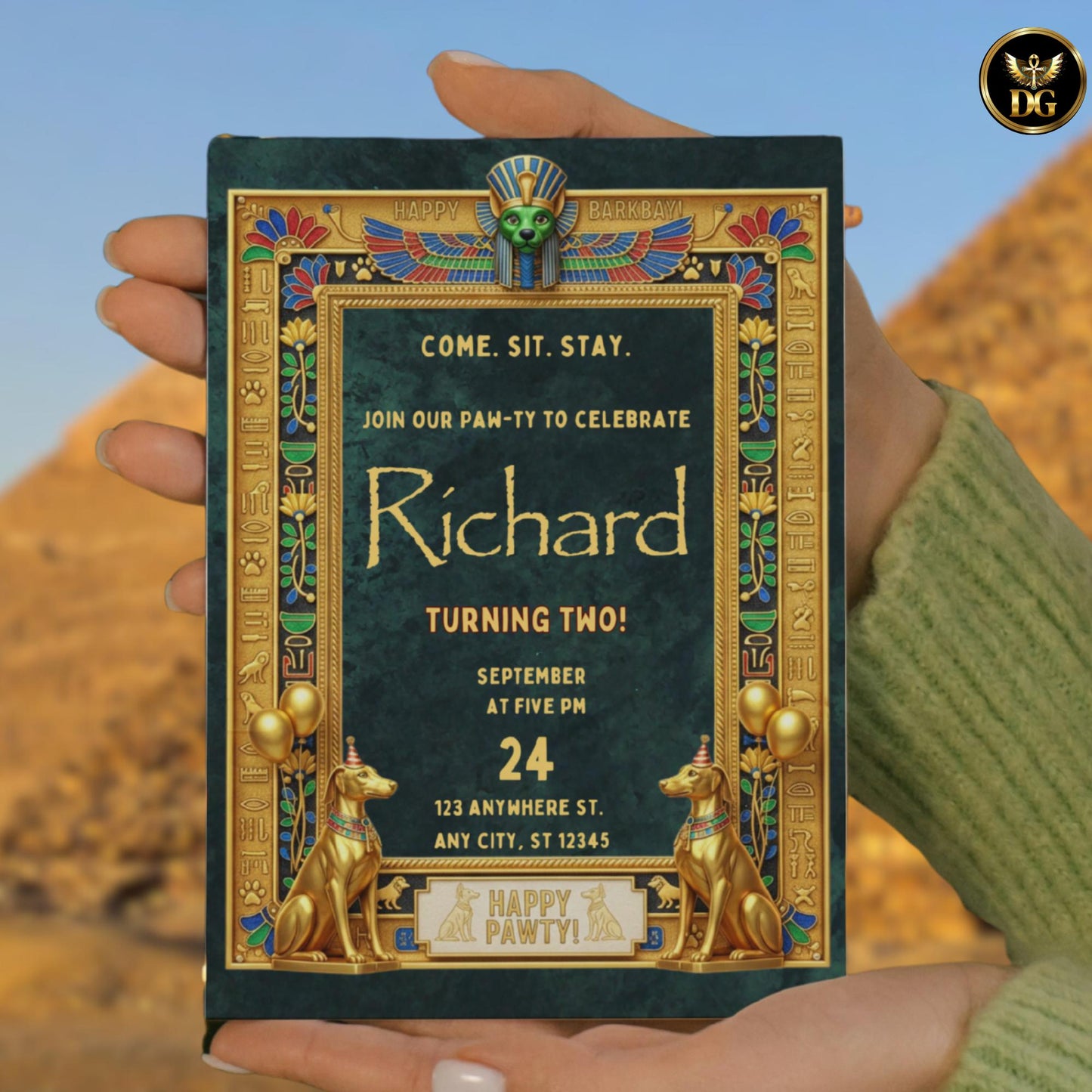 Anubis Egyptian Dog Birthday Invitation – Emerald Velvet Royal Barkday Digital Template | Luxury Pharaoh Puppy Party Invite