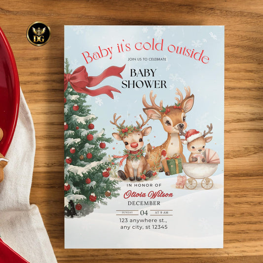 Boho Christmas Baby Shower Invitation Set Reindeer Theme Neutral Winter Baby Bundle Editable Template Gender Neutral Holiday Baby Shower