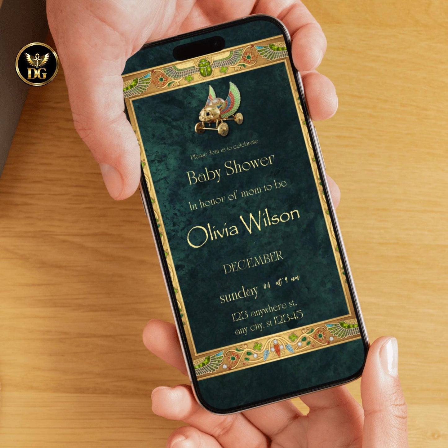 Emerald & Gold Pharaoh Baby Shower Invitation – Royal Egyptian Digital Invite with Mini Pharaoh Toy | Luxury Baby Celebration