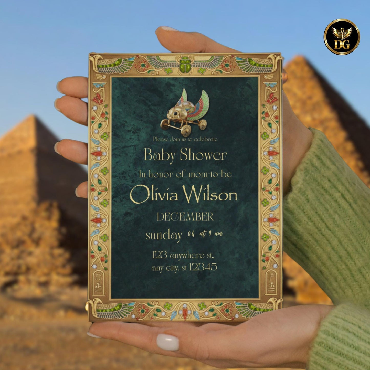 Emerald & Gold Pharaoh Baby Shower Invitation – Royal Egyptian Digital Invite with Mini Pharaoh Toy | Luxury Baby Celebration