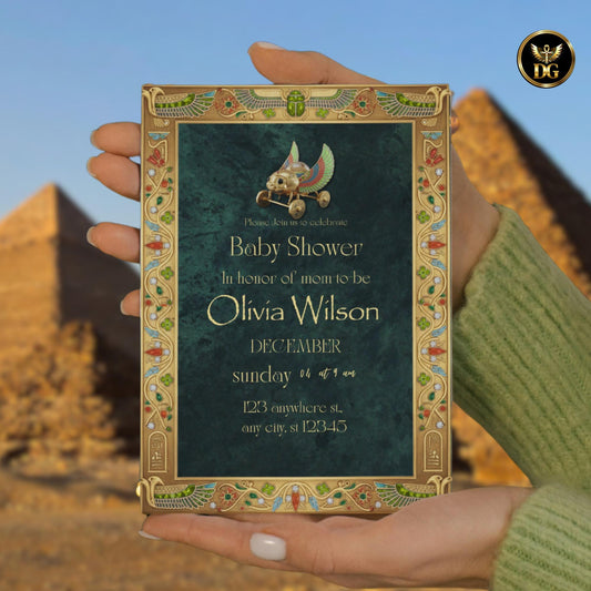 Emerald & Gold Pharaoh Baby Shower Invitation – Royal Egyptian Digital Invite with Mini Pharaoh Toy | Luxury Baby Celebration
