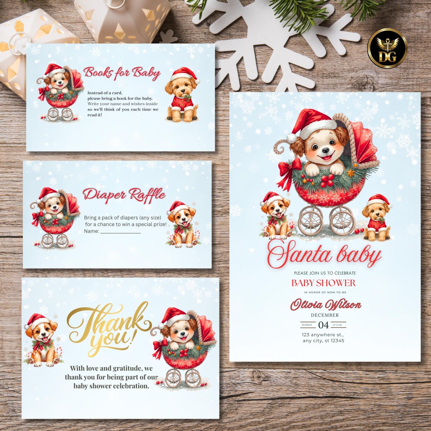 Christmas Puppy Baby Shower Bundle | Cute Dog in Santa Stroller | Editable Winter Baby Invite Set | Boho Festive Watercolor Templates