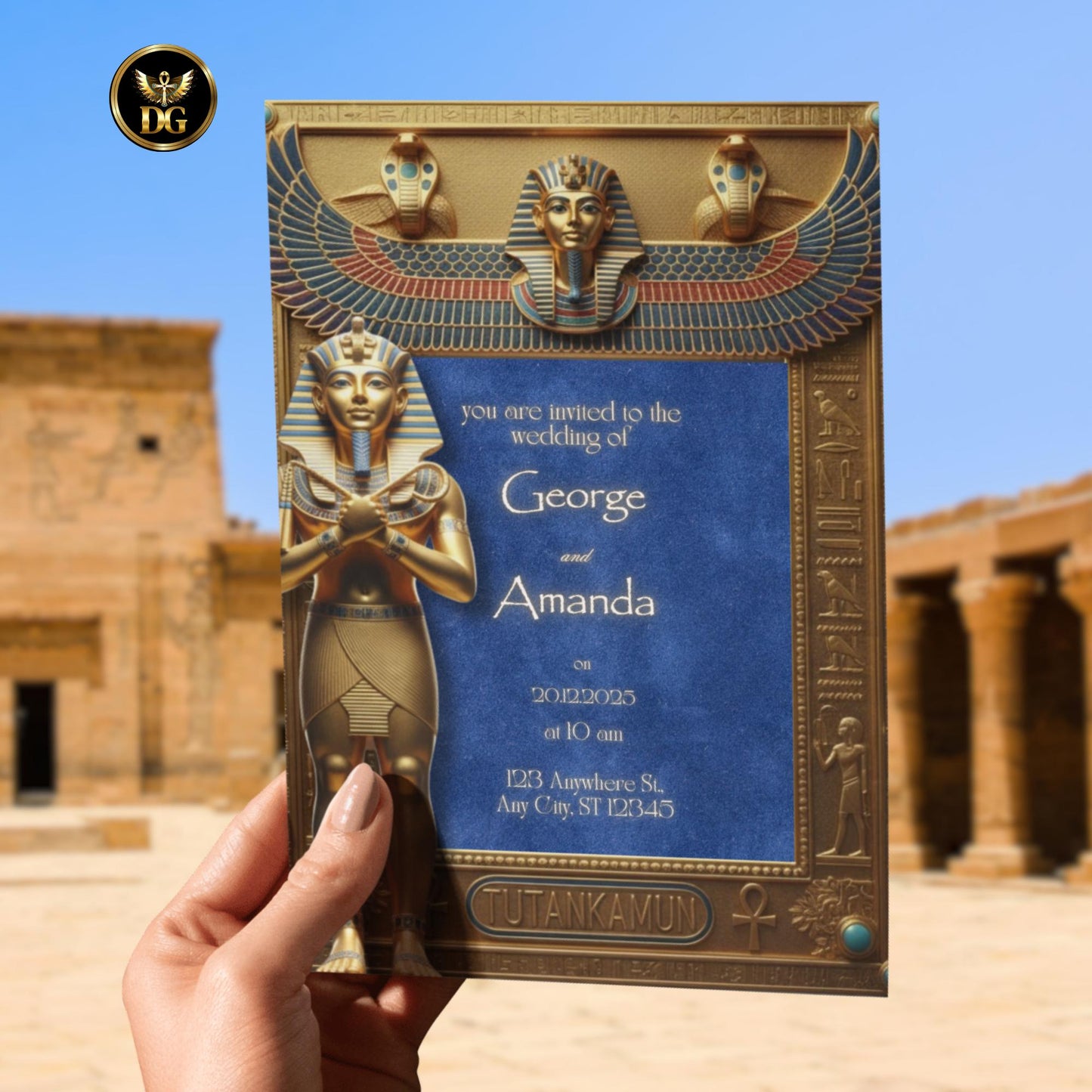 Royal Egyptian Wedding Invitation | Tutankhamun Digital Invite | Ancient Pharaoh Gold  Blue Velvet Design | Luxurious Temple Themed Card