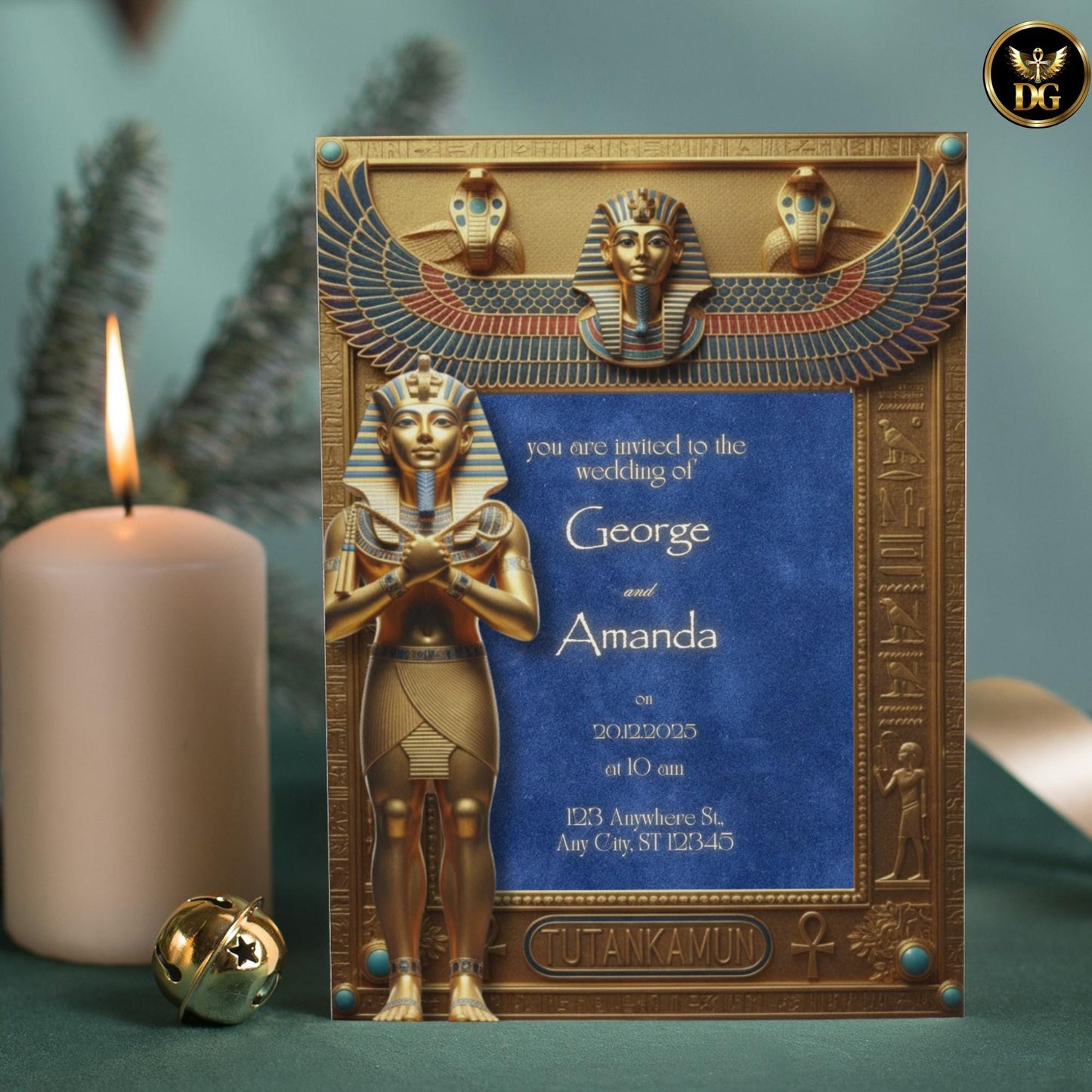 Royal Egyptian Wedding Invitation | Tutankhamun Digital Invite | Ancient Pharaoh Gold  Blue Velvet Design | Luxurious Temple Themed Card