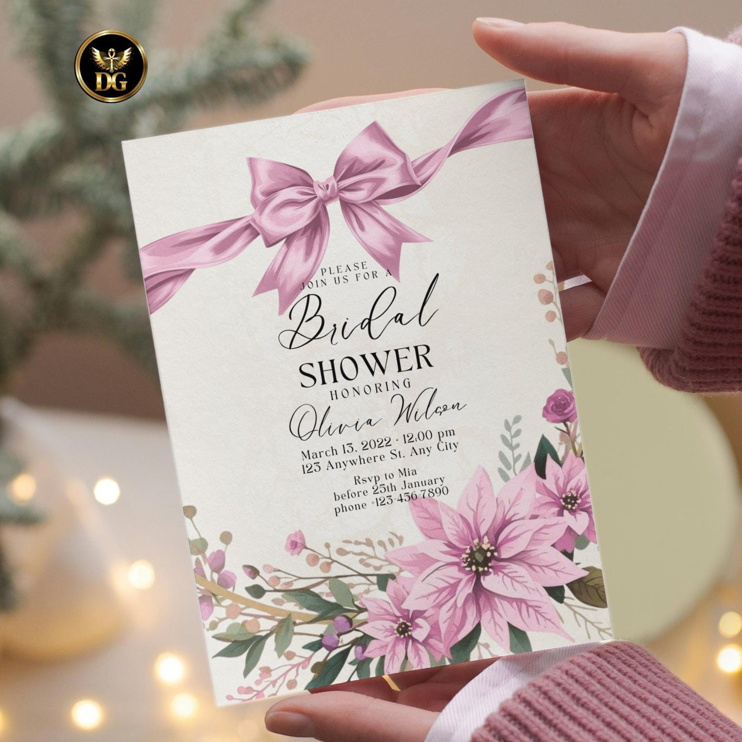 Elegant Pink Christmas Bridal Shower bundal Invitation | Winter Wedding Template | DIY Printable Holiday Invite Set