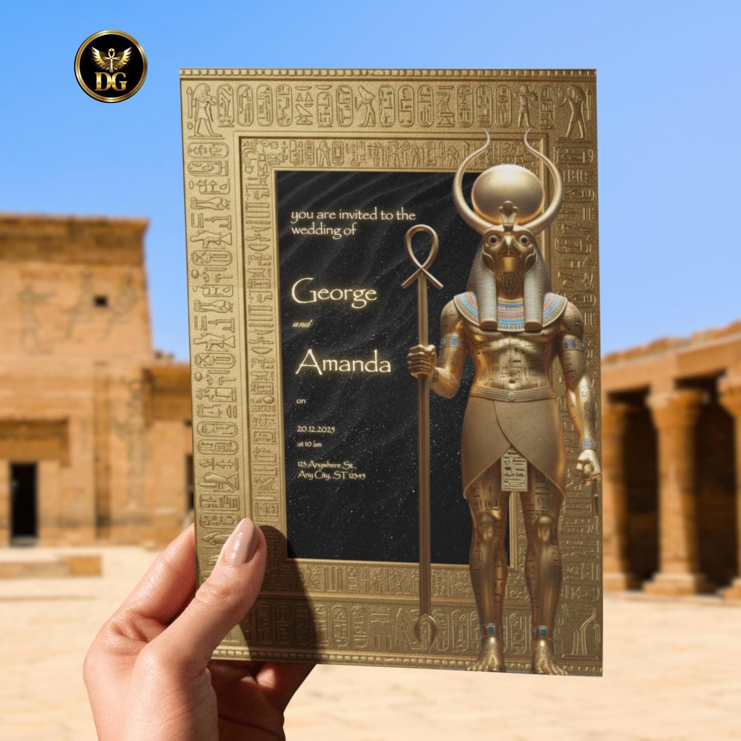 Royal Egyptian Wedding Invitation | Golden Ra God Design | Black Velvet Starry Background | Luxurious Editable Canva Template